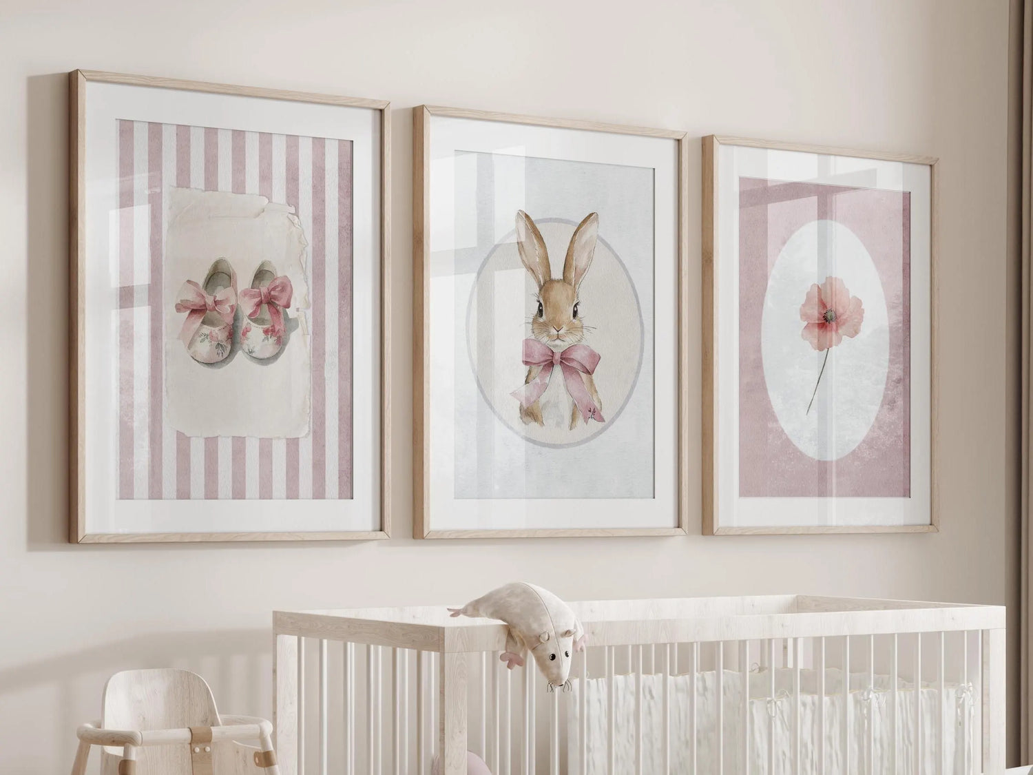 Set of 3 Vintage Bunny Nursery Print Set: Girl Nursery Wall Art, Soft Pink Baby Decor (Digital Download) Suartprintstudio