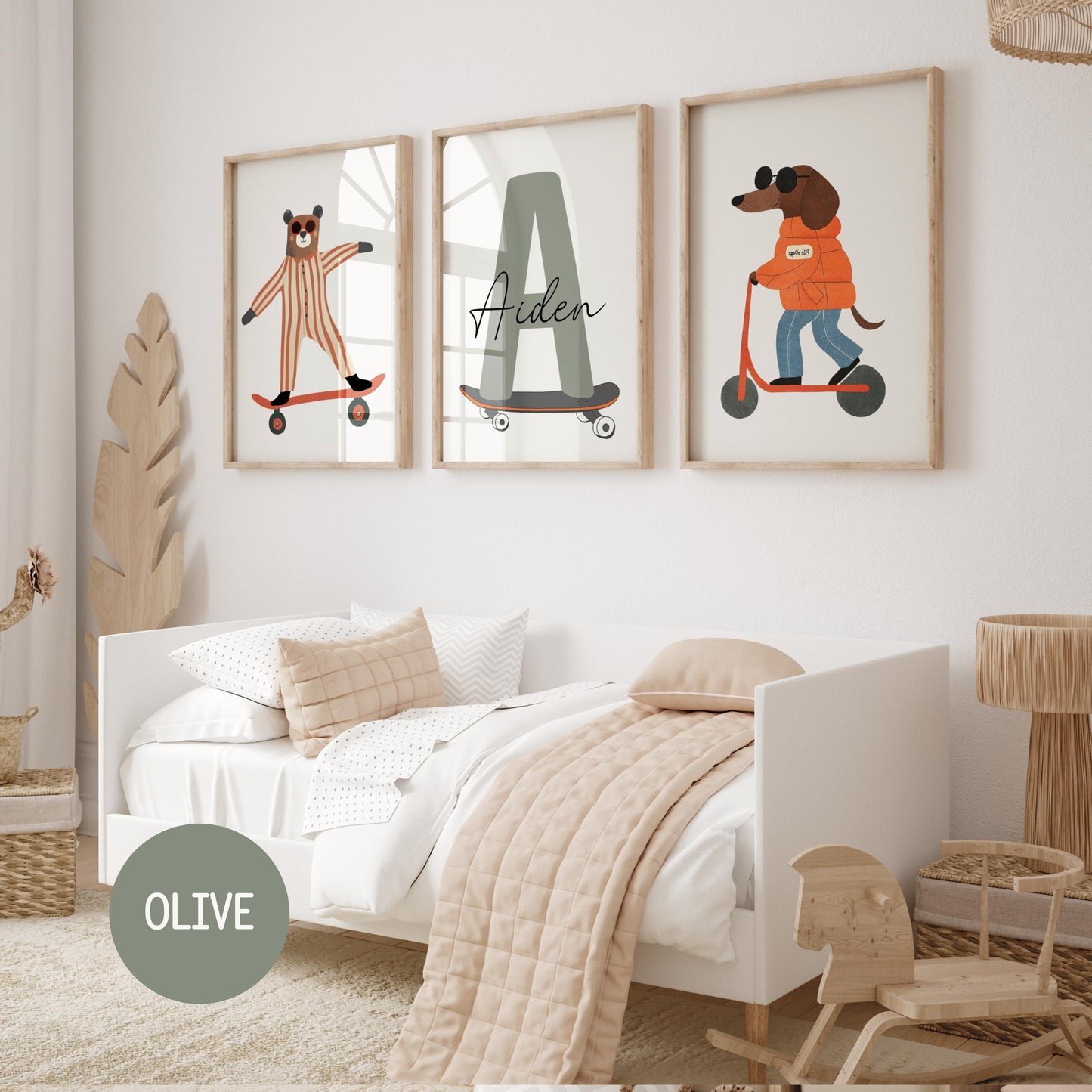 Skateboarding bear nursery print personalised with name, whimsical kids bedroom wall art, digital download