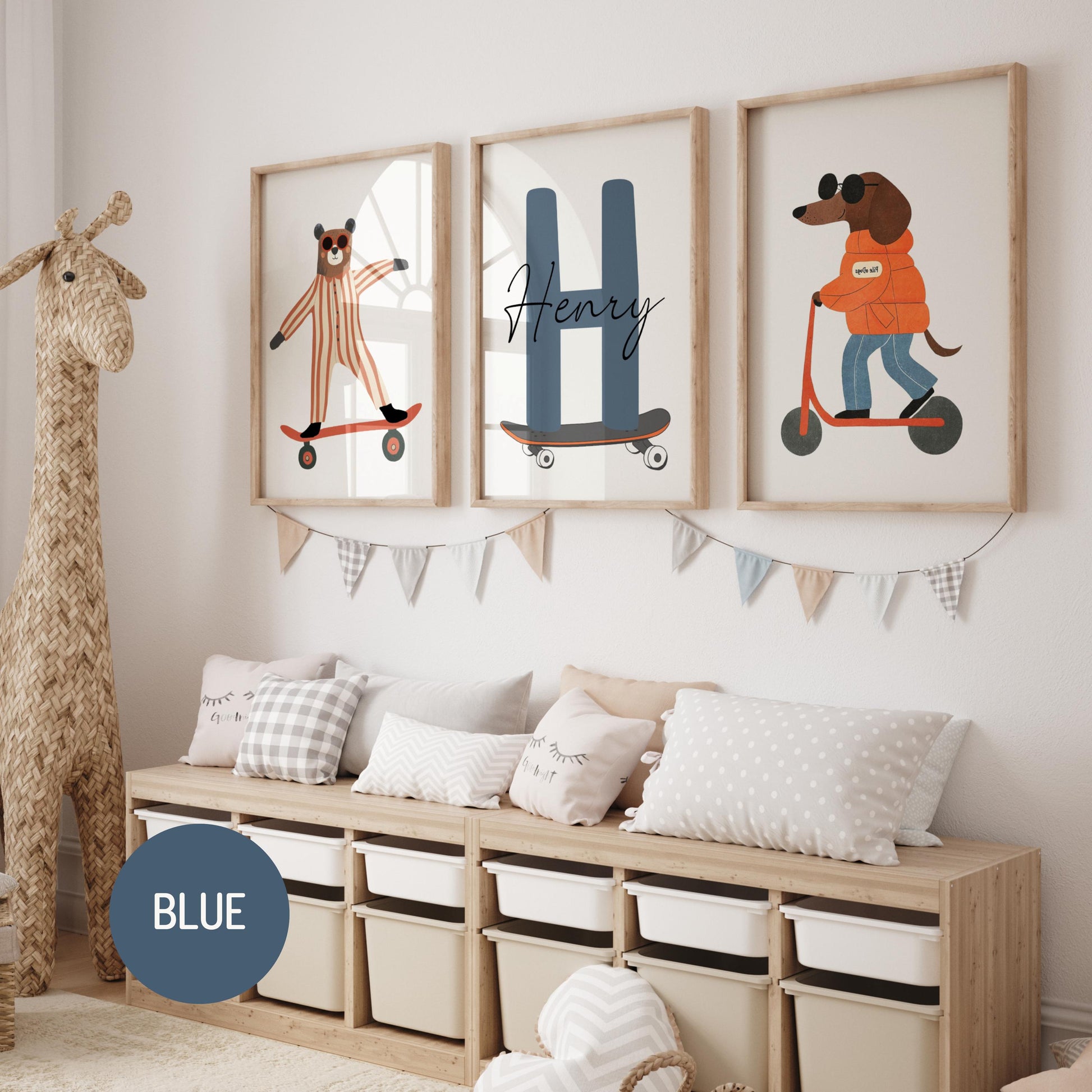 Skateboarding bear nursery print personalised with name, whimsical kids bedroom wall art, digital download
