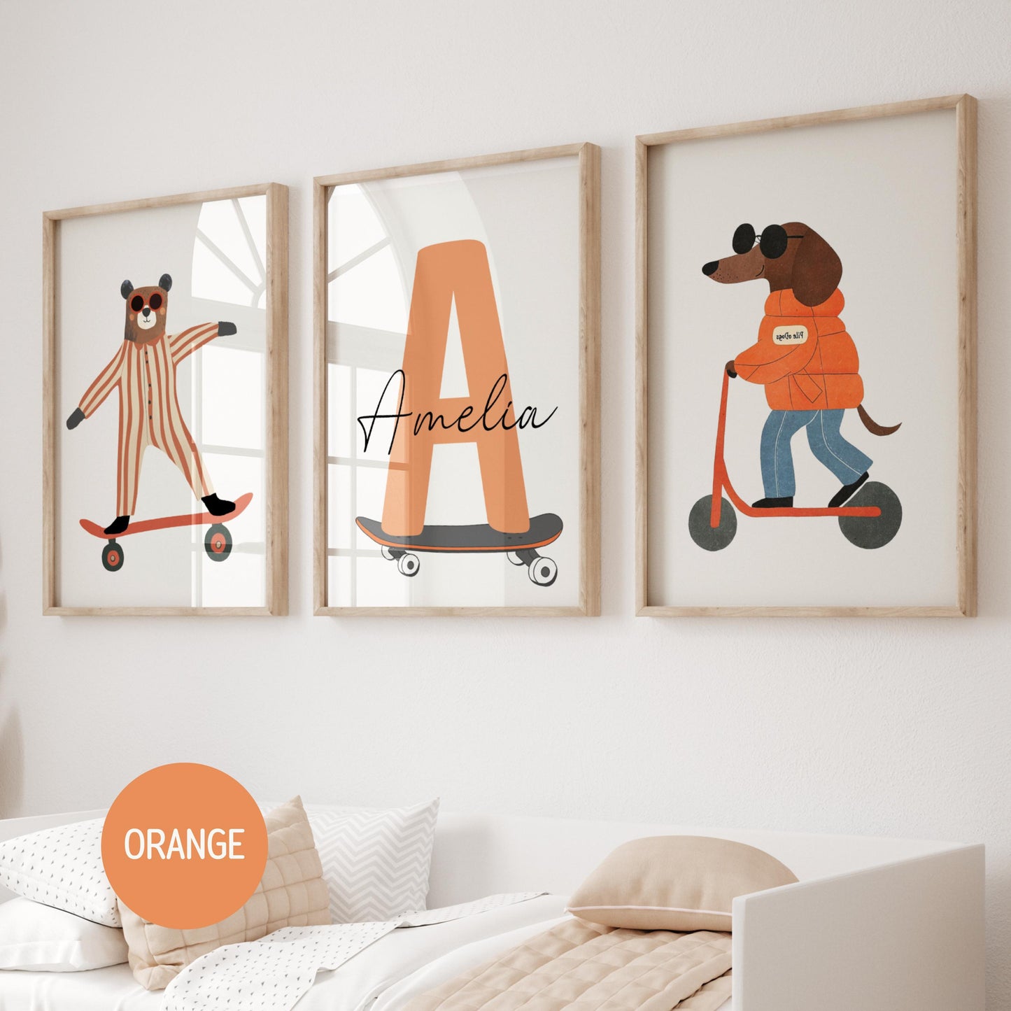 Skateboarding bear nursery print personalised with name, whimsical kids bedroom wall art, digital download
