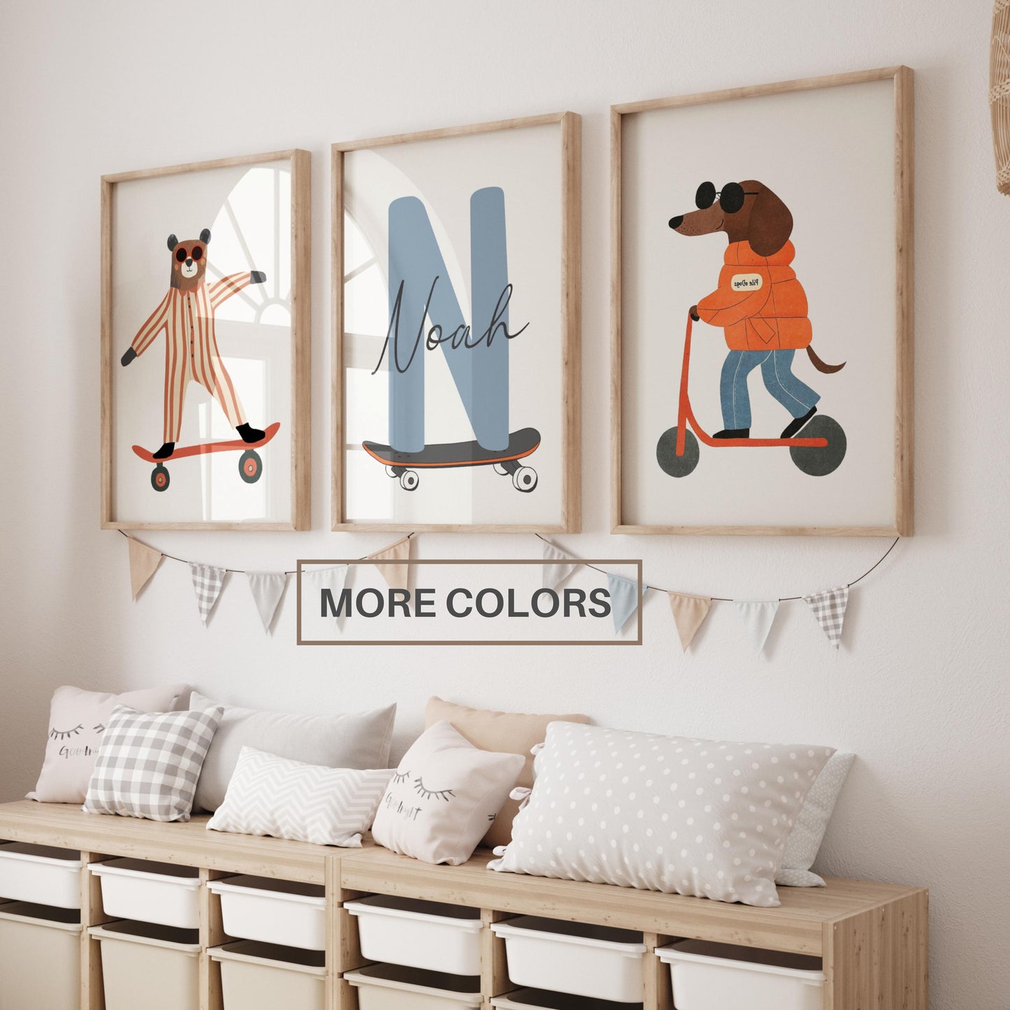 Personalised nursery wall art set of 3 with child's name, whimsical skateboarding bear and dog prints, digital download
