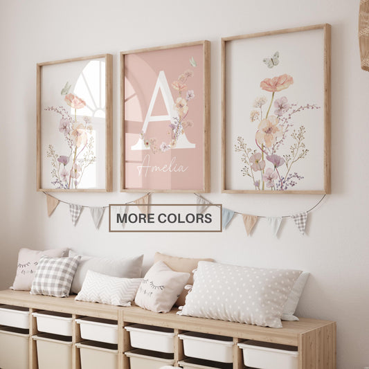 Personalized watercolor wildflowers nursery wall art. Custom name sign for baby girl room. Boho floral digital download print. High-res JPG, instant delivery. Suartprintstudio