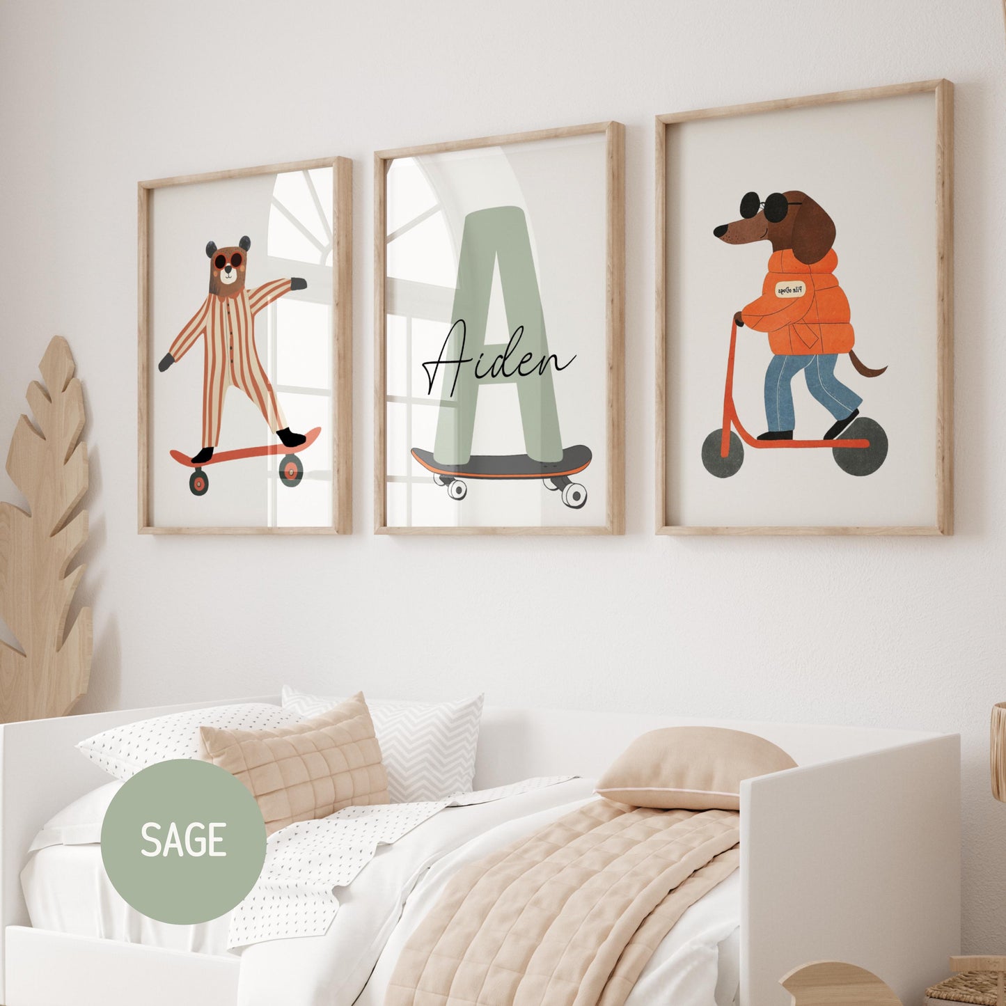 Whimsical animal nursery wall art set, personalised with child's name and custom initial colour, printable digital download