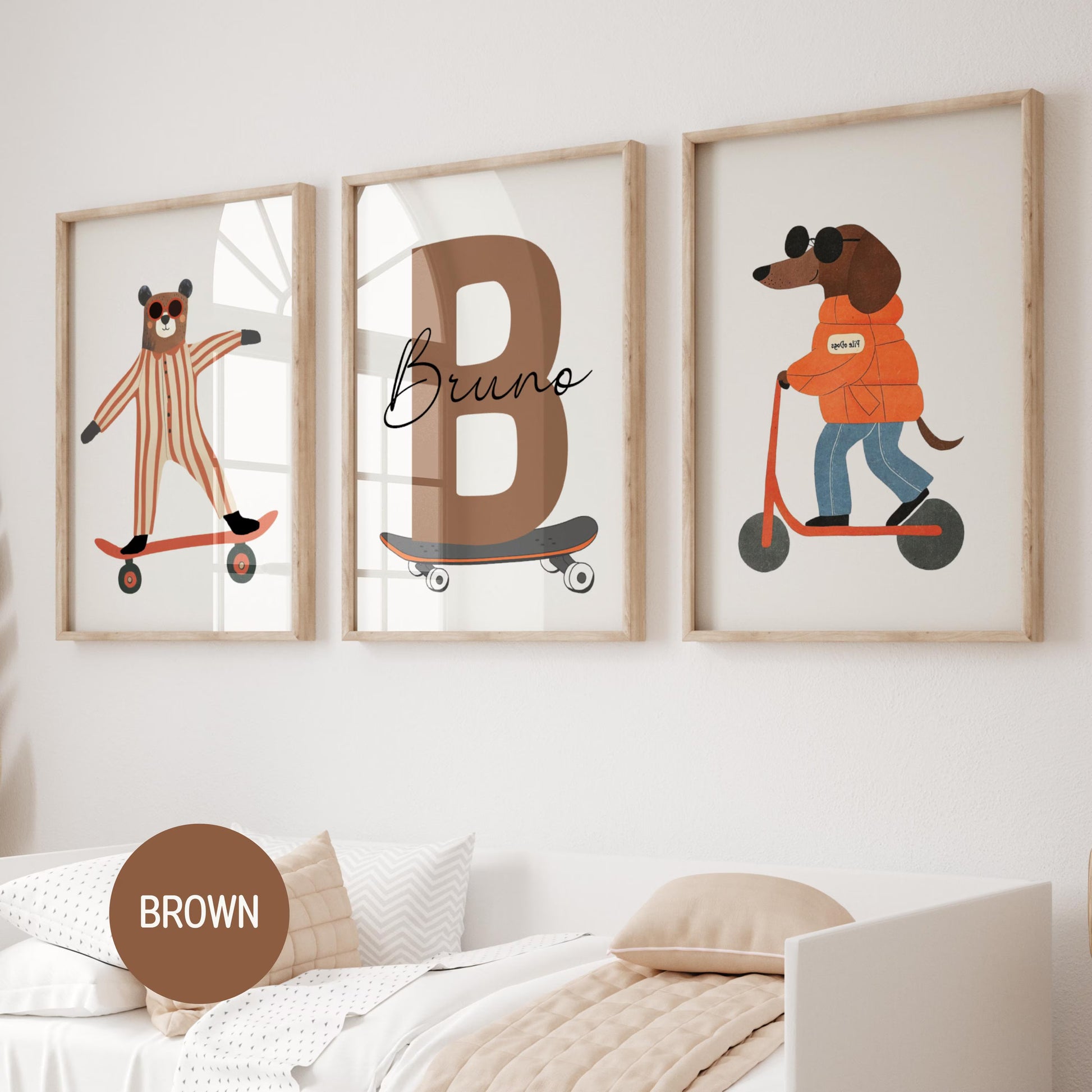 Skateboarding bear nursery print personalised with name, whimsical kids bedroom wall art, digital download