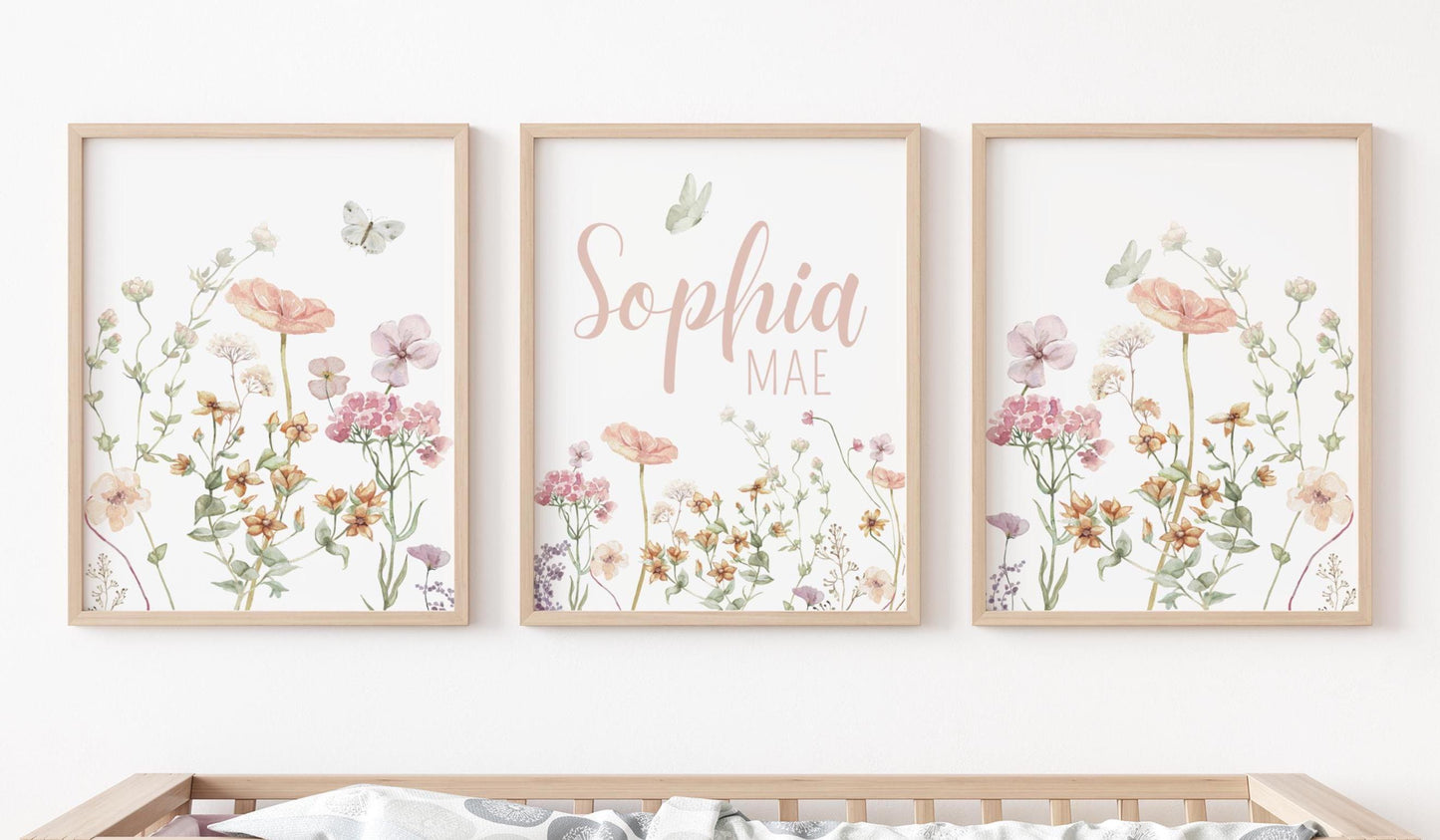 Personalized Wildflowers Nursery Wall Art Prints Set Of 3 | Baby girl Name Sign | Boho , Nursery Decor | Digital download Suartprintstudio