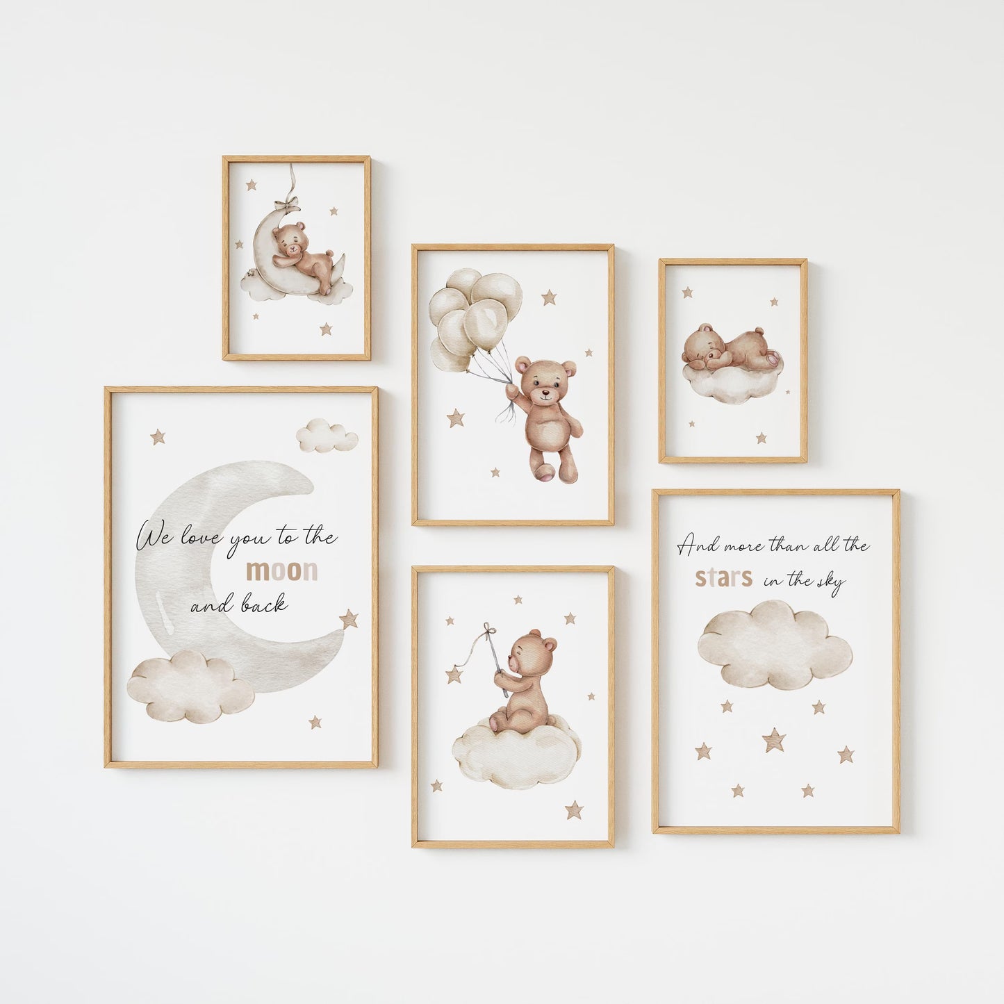 Teddy Bear Nursery Wall Art Prints Set of 6 — “Love You to the Moon and Back” Neutral Nursery Decor (Instant Download)