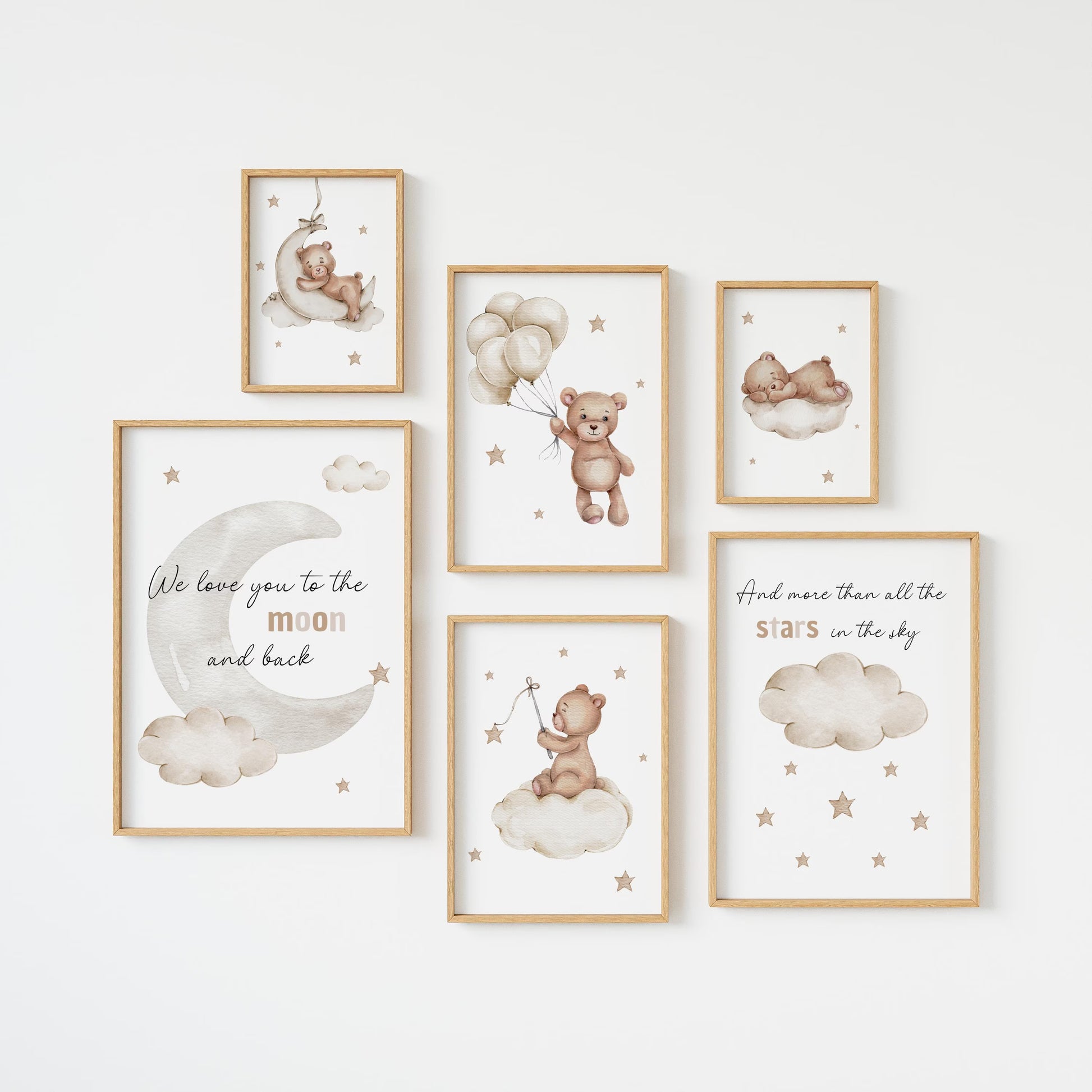 Teddy Bear Nursery Wall Art Prints Set of 6 — “Love You to the Moon and Back” Neutral Nursery Decor (Instant Download)