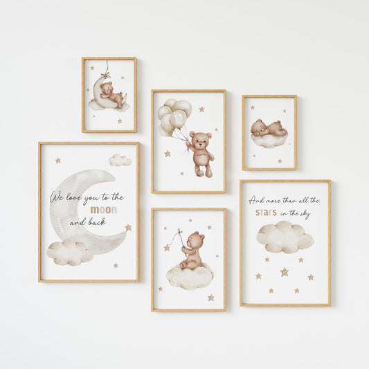 Teddy Bear Nursery Wall Art Prints Set of 6 — “Love You to the Moon and Back” Neutral Nursery Decor (Instant Download)