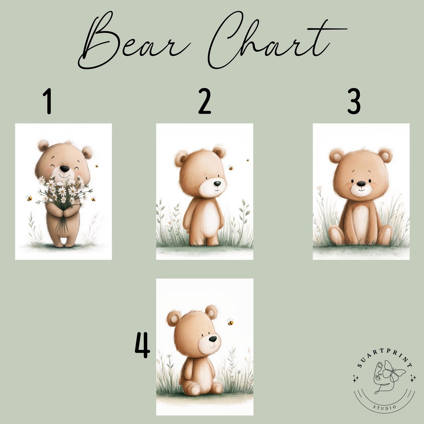 Personalized Teddy Bear Nursery Wall Art Prints Set of 3 | Nursery Name Sign Print | Wildflowers, Bee | Digital Download Suartprintstudio