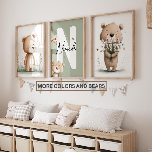 Personalized Teddy Bear Nursery Wall Art Prints Set of 3 | Nursery Name Sign Print | Wildflowers, Bee | Digital Download Suartprintstudio