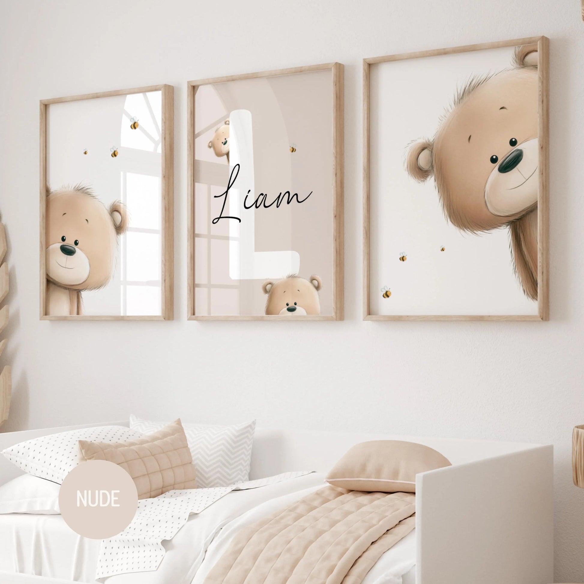 Teddy Bear Nursery Wall Art Prints — a set of 3 beautifully designed prints, personalized with your baby's name. The perfect baby shower gift or newborn name sign, available as an instant digital download. Simply print and display; Suartprintstudio