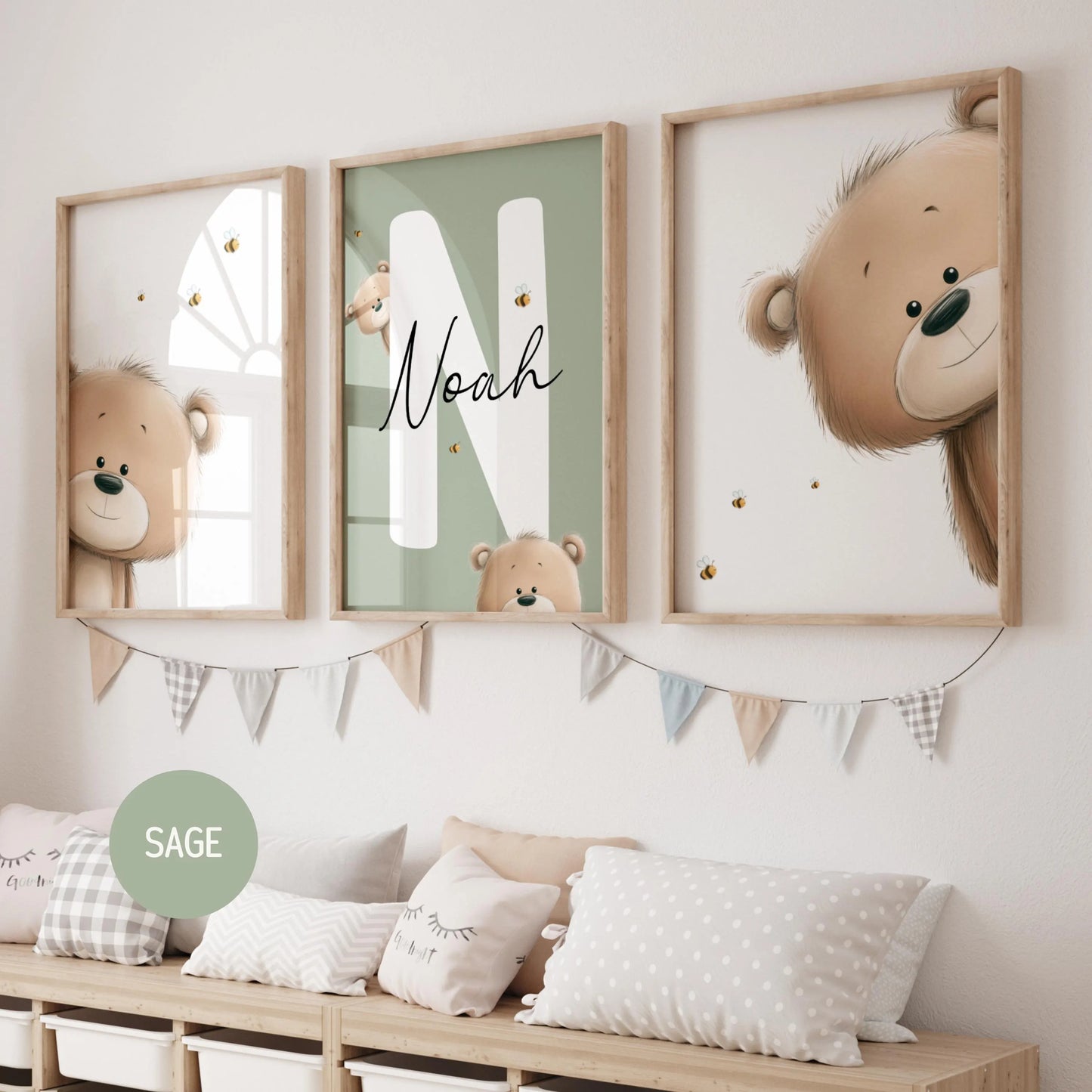 Teddy Bear Nursery Wall Art Prints — a set of 3 beautifully designed prints, personalized with your baby's name. The perfect baby shower gift or newborn name sign, available as an instant digital download. Simply print and display