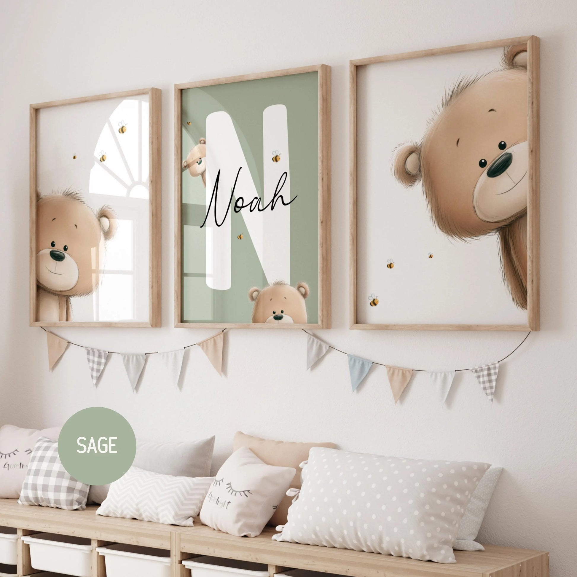 Teddy Bear Nursery Wall Art Prints — a set of 3 beautifully designed prints, personalized with your baby's name. The perfect baby shower gift or newborn name sign, available as an instant digital download. Simply print and display