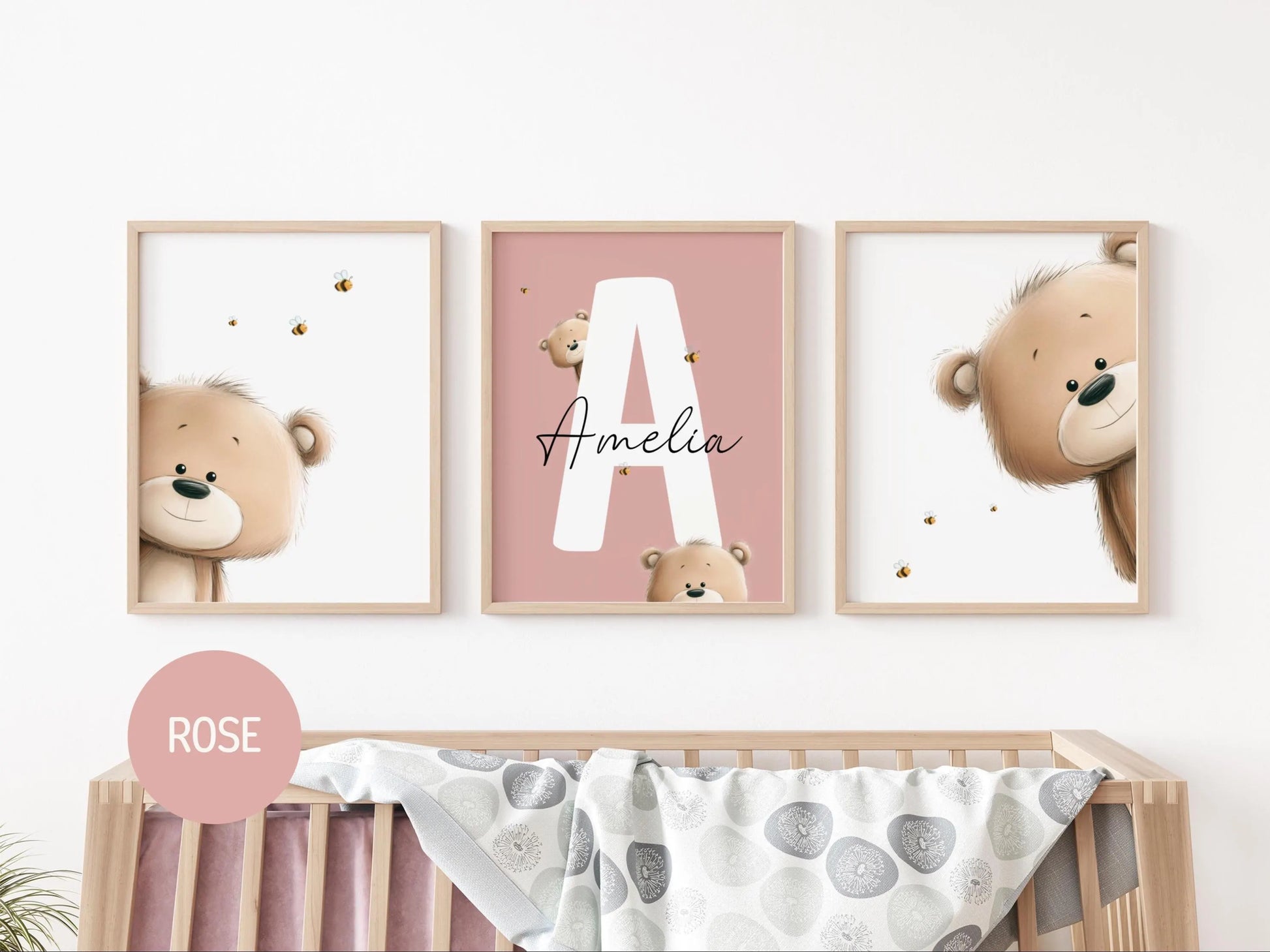 Teddy Bear Nursery Wall Art Prints — a set of 3 beautifully designed prints, personalized with your baby's name. The perfect baby shower gift or newborn name sign, available as an instant digital download. Simply print and display