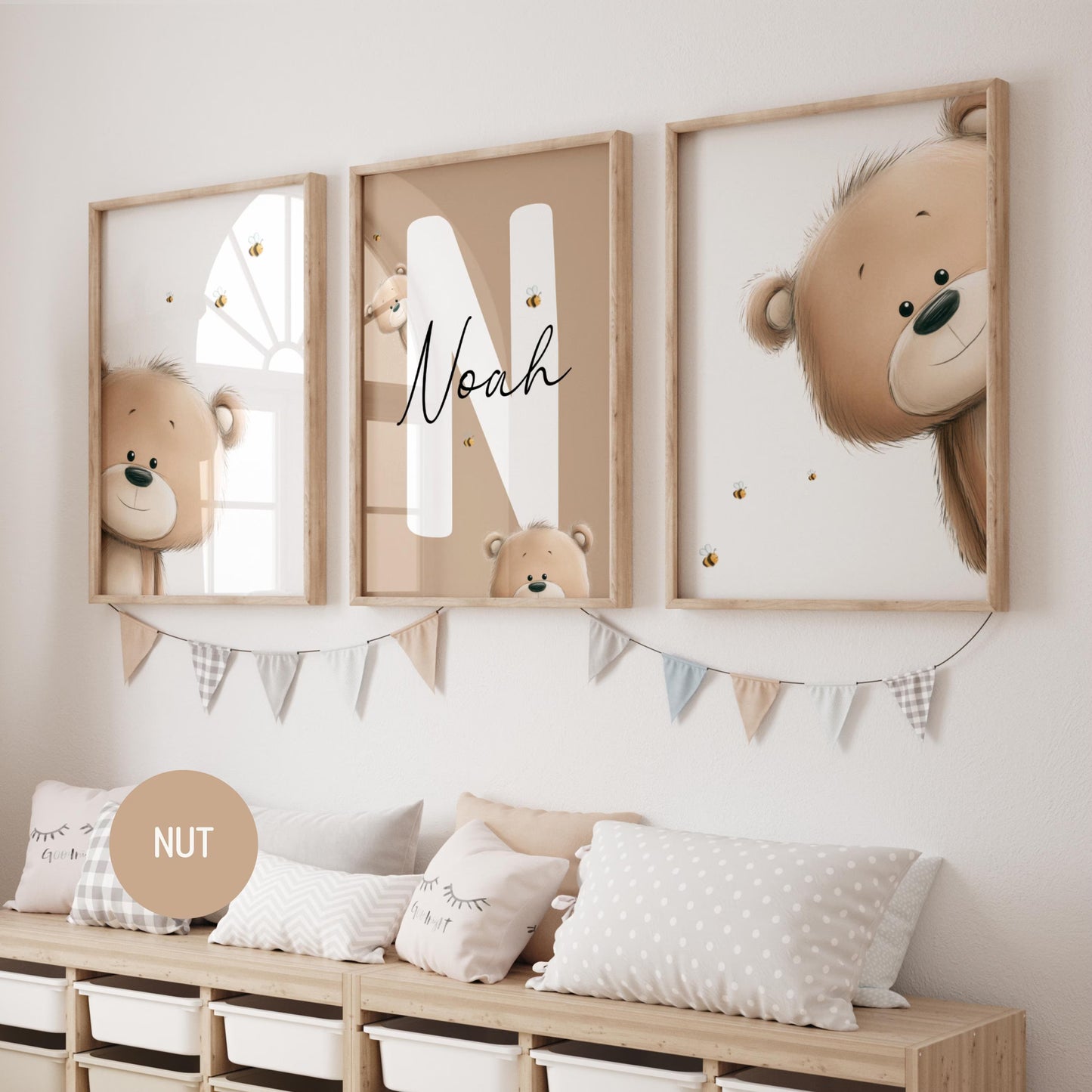 Teddy Bear Nursery Wall Art Prints Set of 3 | Custom Nursery Name Sign Print | Bee | Digital Download