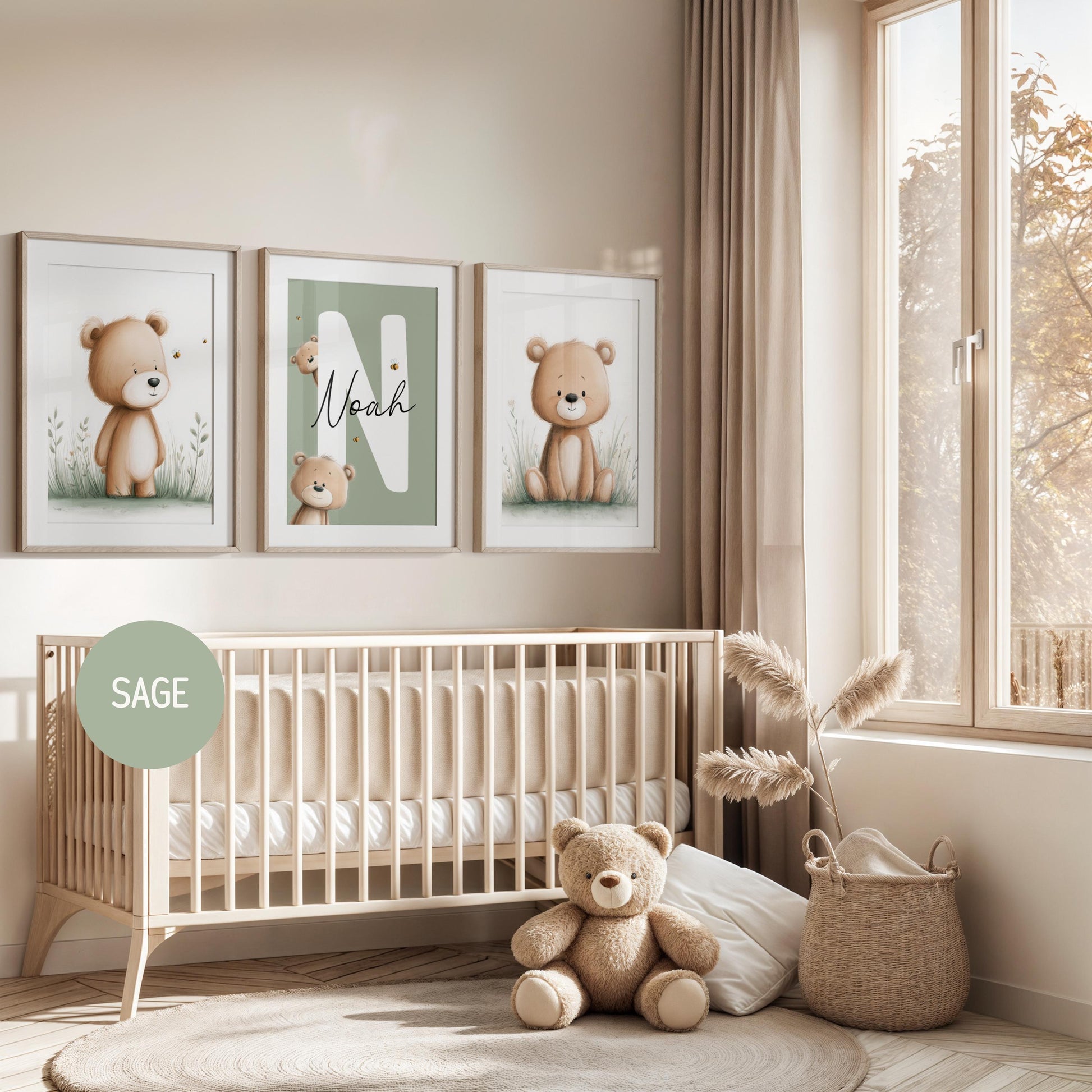 Personalized Teddy Bear Nursery Wall Art Prints Set of 3 | Nursery Name Sign Print | Wildflowers, Bee | Digital Download Suartprintstudio
