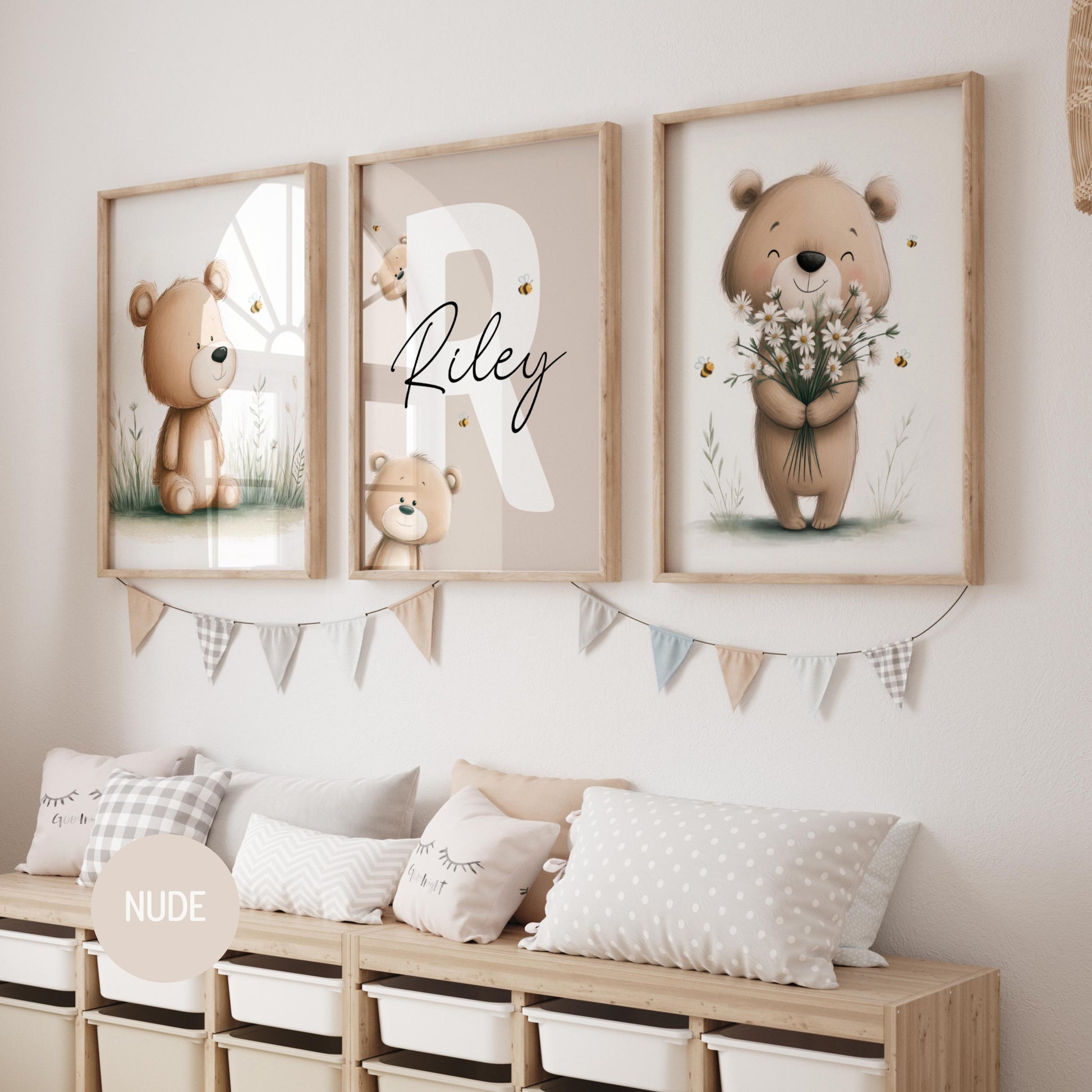 Personalized Teddy Bear Nursery Wall Art Prints Set of 3 | Nursery Name Sign Print | Wildflowers, Bee | Digital Download Suartprintstudio