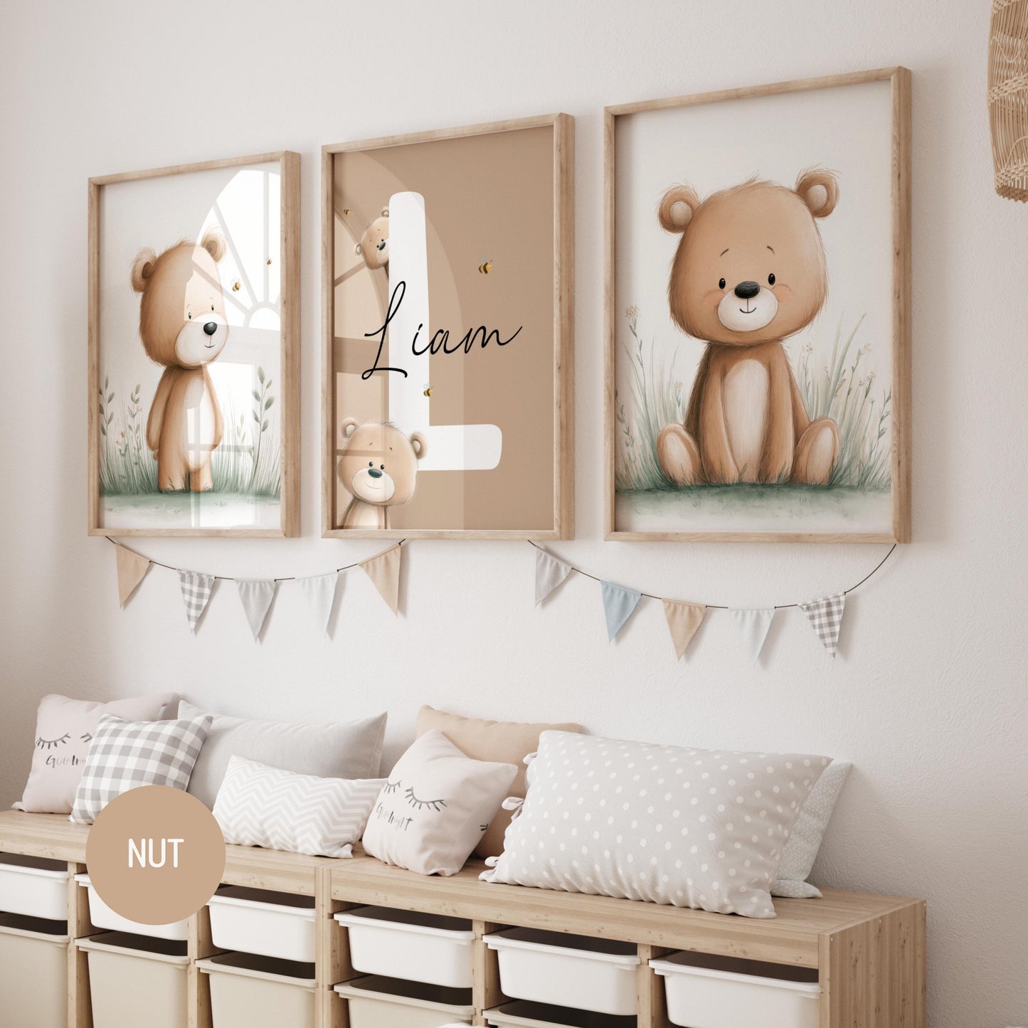 Personalized Teddy Bear Nursery Wall Art Prints Set of 3 | Nursery Name Sign Print | Wildflowers, Bee | Digital Download Suartprintstudio
