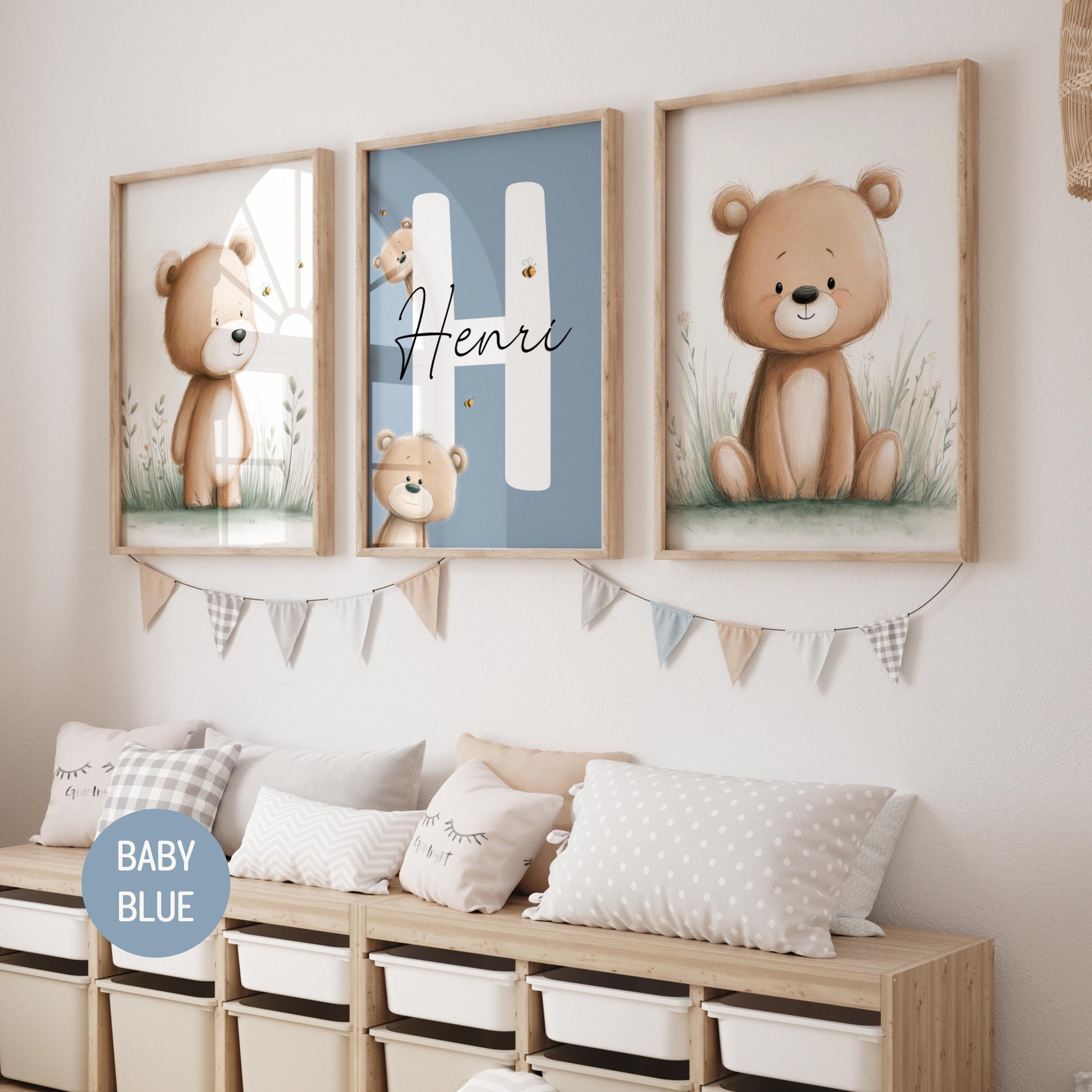Personalized Teddy Bear Nursery Wall Art Prints Set of 3 | Nursery Name Sign Print | Wildflowers, Bee | Digital Download Suartprintstudio