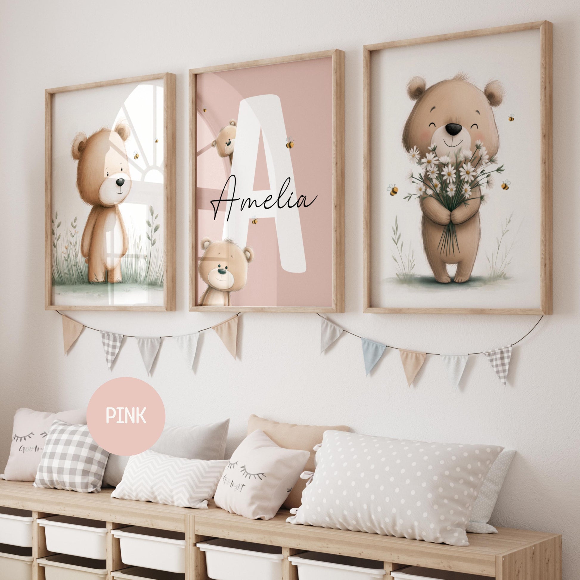 Personalized Teddy Bear Nursery Wall Art Prints Set of 3 | Nursery Name Sign Print | Wildflowers, Bee | Digital Download Suartprintstudio