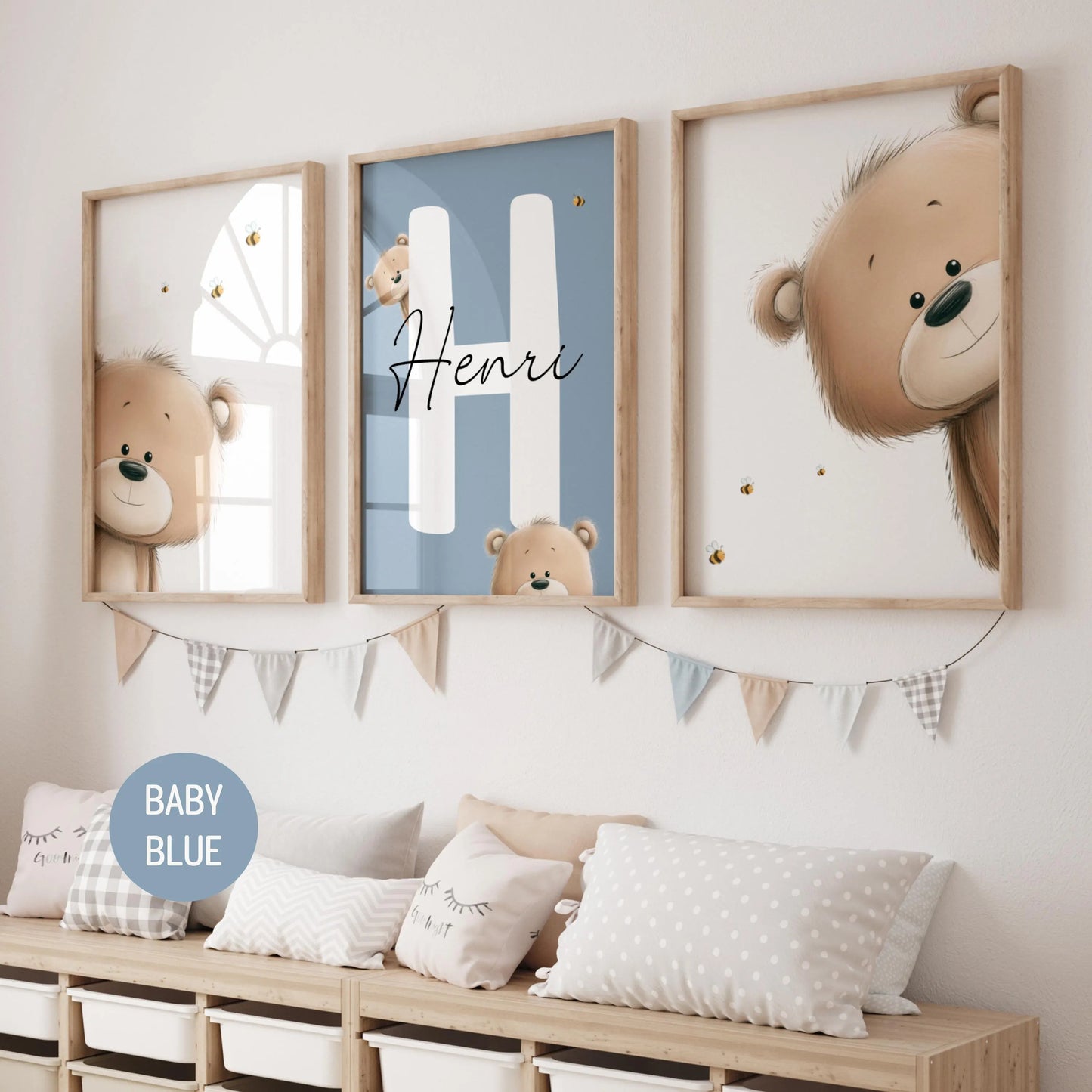 Teddy Bear Nursery Wall Art Prints — a set of 3 beautifully designed prints, personalized with your baby's name. The perfect baby shower gift or newborn name sign, available as an instant digital download. Simply print and display