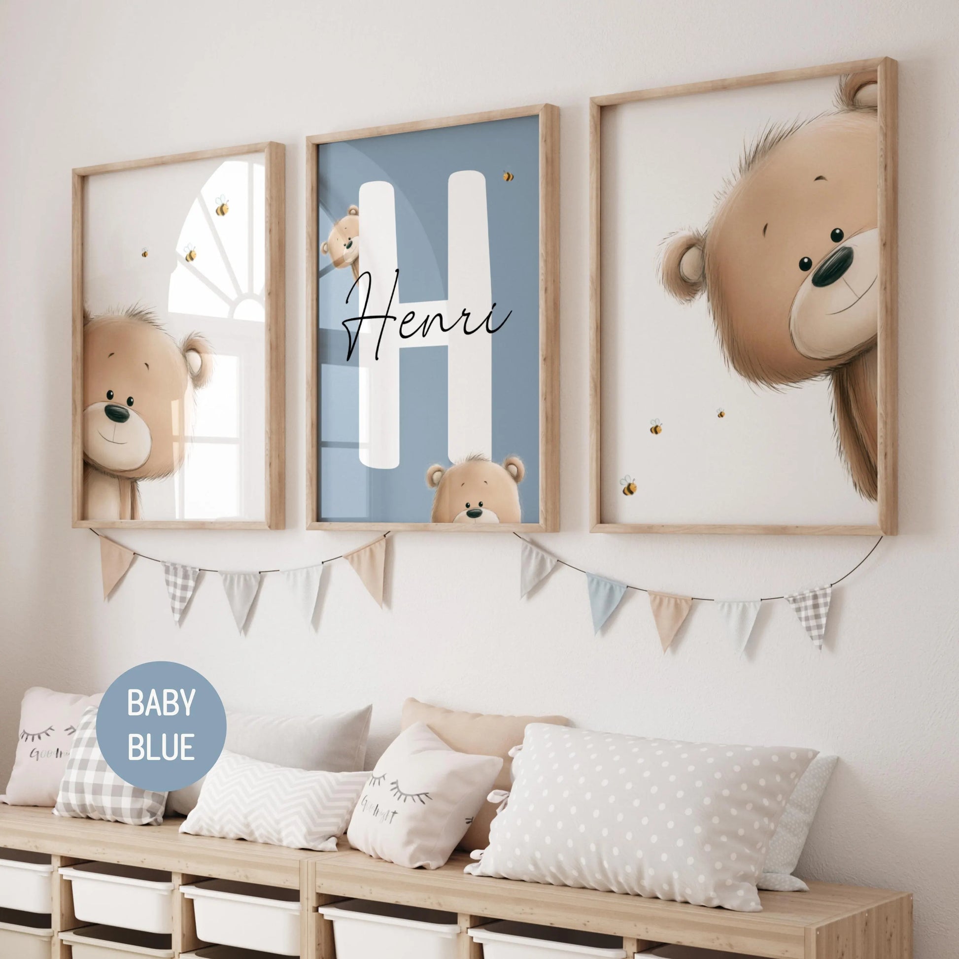 Teddy Bear Nursery Wall Art Prints — a set of 3 beautifully designed prints, personalized with your baby's name. The perfect baby shower gift or newborn name sign, available as an instant digital download. Simply print and display