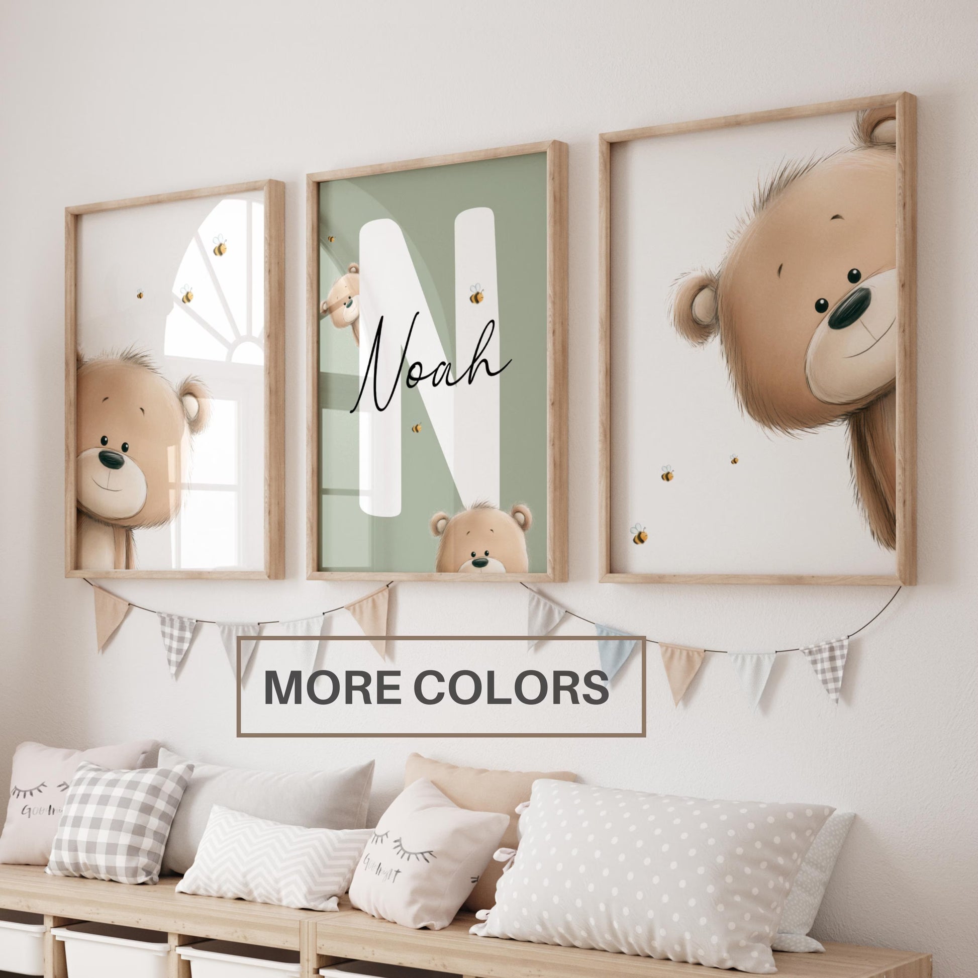 Teddy Bear Nursery Wall Art Prints — a set of 3 beautifully designed prints, personalized with your baby's name. The perfect baby shower gift or newborn name sign, available as an instant digital download. Simply print and display