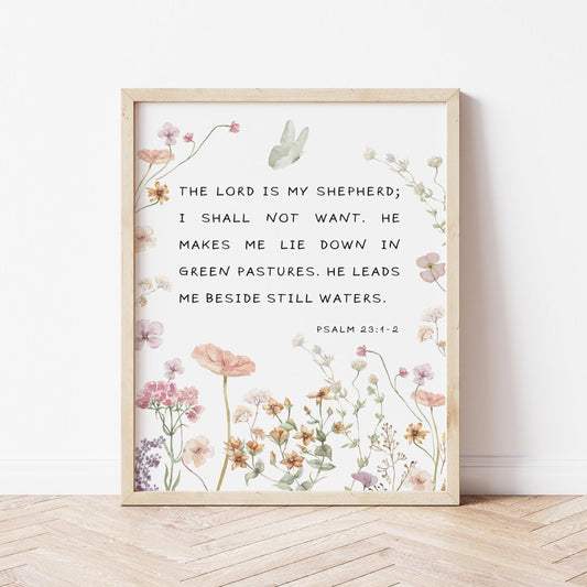Psalm 23 Wildflower Wall Art for Nursery Decor – Christian Scripture Print (Digital Download)