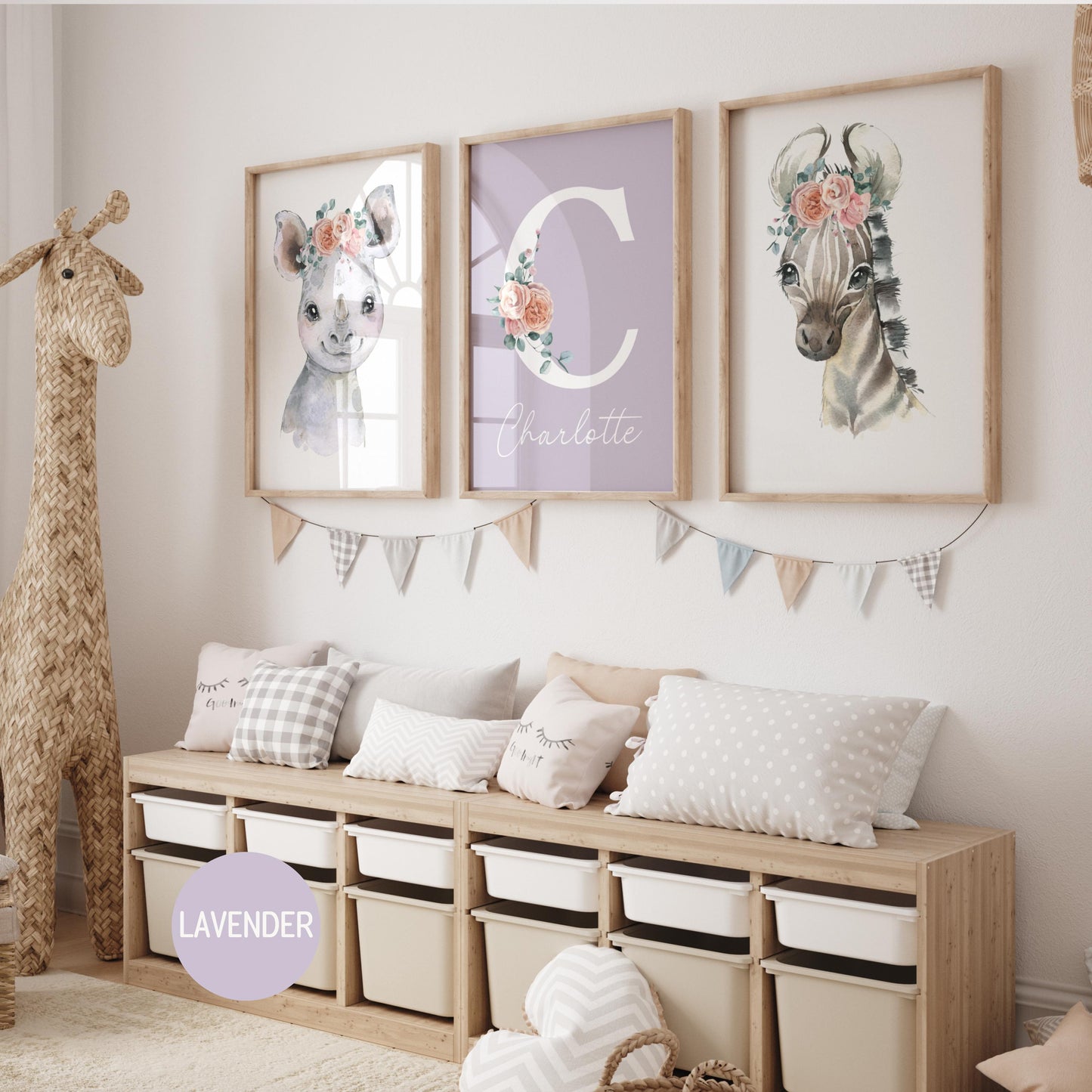 Safari Nursery Prints for Girls Nursery decor | Floral Jungle Animals Wall Art | Custom Name Sign (Digital Download)