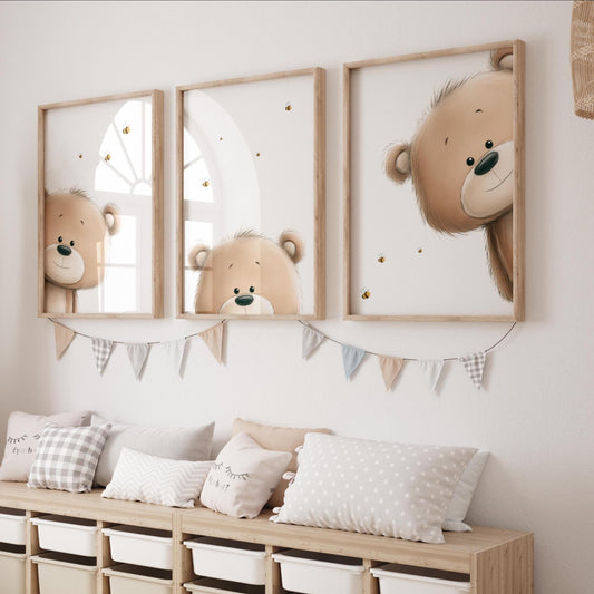 Watercolor Peeking Teddy Bears Nursery Wall Art | Set of 3 Prints | Baby Boy & Girl Room Decor | Neutral Nursery | Baby Shower Gift | Instant Download