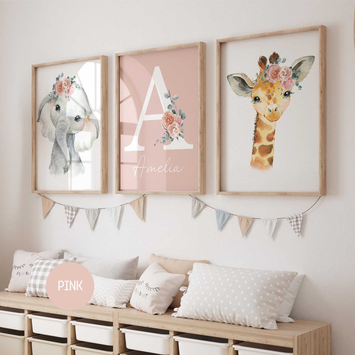 Safari Nursery Prints for Girls Nursery decor | Floral Jungle Animals Wall Art | Custom Name Sign (Digital Download)