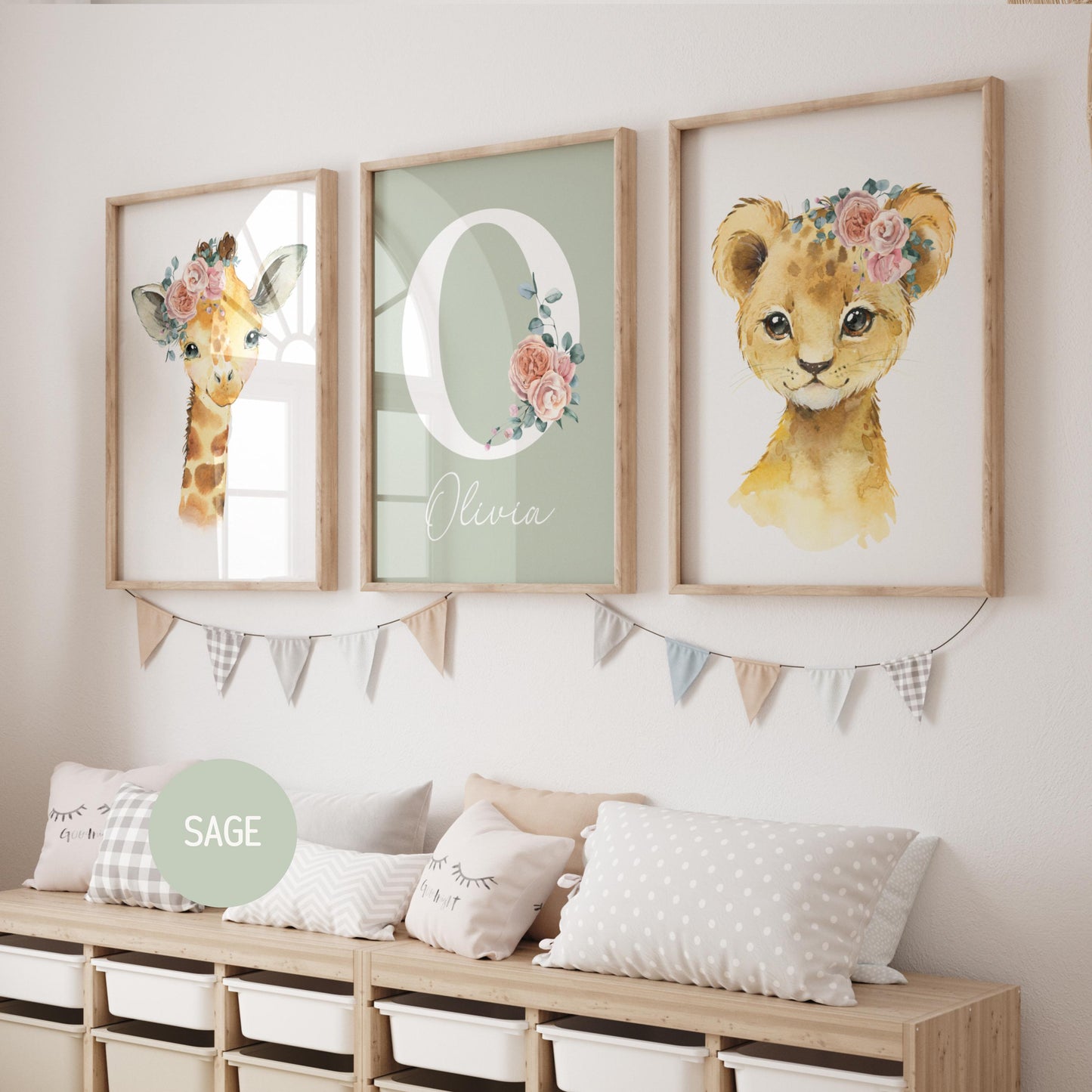 Safari Nursery Prints for Girls Nursery decor | Floral Jungle Animals Wall Art | Custom Name Sign (Digital Download)