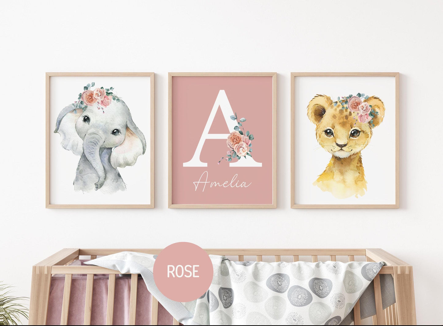 Safari Nursery Prints for Girls Nursery decor | Floral Jungle Animals Wall Art | Custom Name Sign (Digital Download)