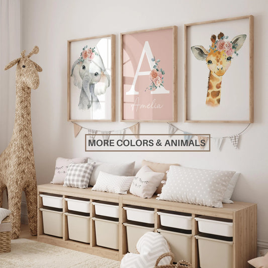 Safari Nursery Prints for Girls Nursery decor | Floral Jungle Animals Wall Art | Custom Name Sign (Digital Download)