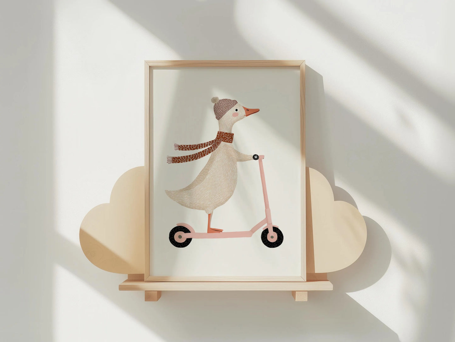 Goose on scooter nursery print, whimsical animal illustration wall art for girl nursery decor. Printable digital download featuring a playful goose design, perfect for baby girl nursery, playroom decor, toddler room, and kids bedroom wall art. Available in multiple sizes for easy home printing, ideal for baby shower gifts and nursery wall decor.