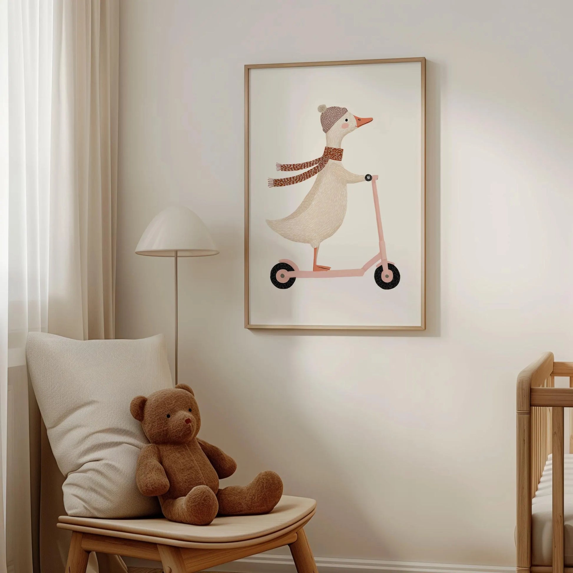 Goose on scooter nursery print, whimsical animal illustration wall art for girl nursery decor. Printable digital download featuring a playful goose design, perfect for baby girl nursery, playroom decor, toddler room, and kids bedroom wall art. Available in multiple sizes for easy home printing, ideal for baby shower gifts and nursery wall decor.