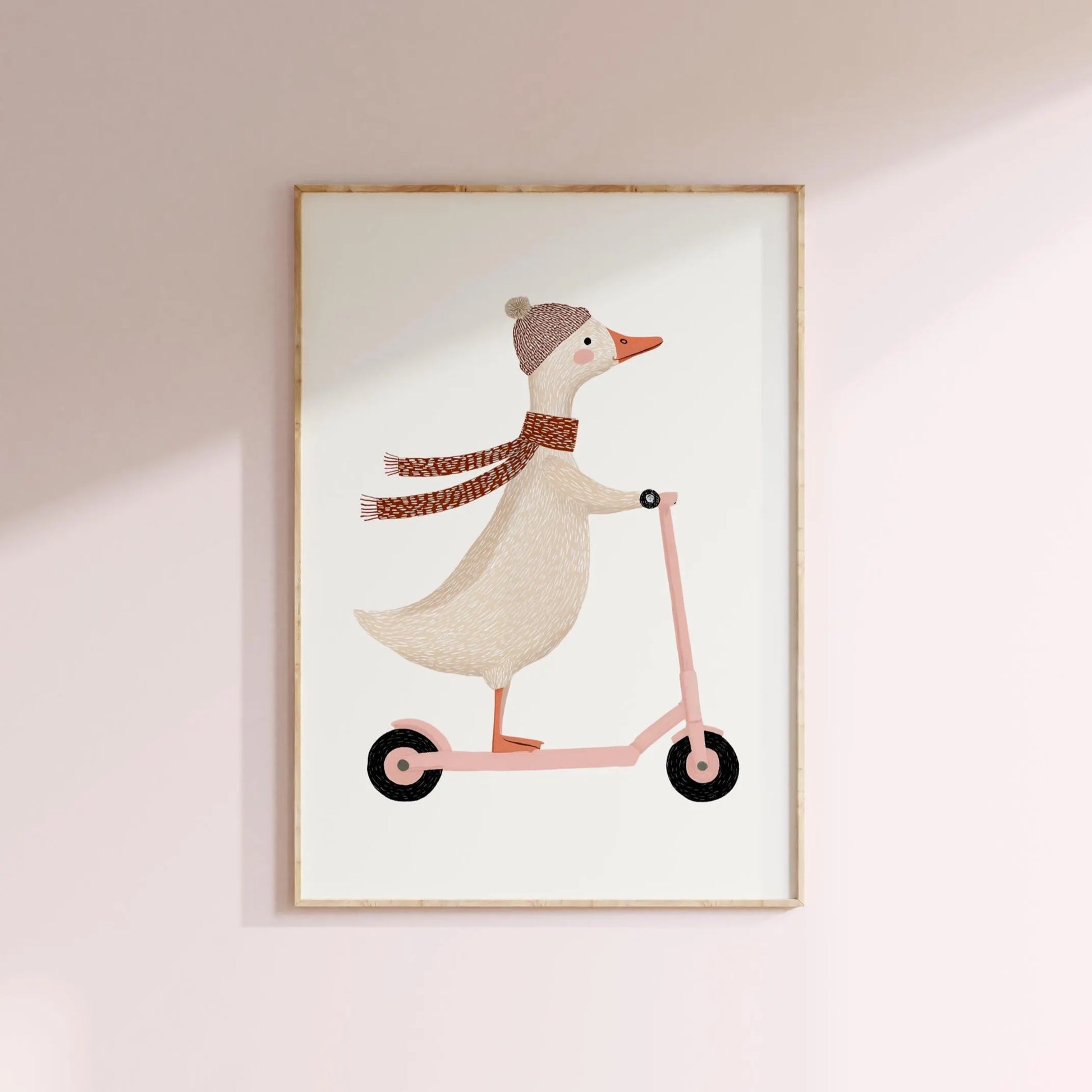 Goose on scooter nursery print, whimsical animal illustration wall art for girl nursery decor. Printable digital download featuring a playful goose design, perfect for baby girl nursery, playroom decor, toddler room, and kids bedroom wall art. Available in multiple sizes for easy home printing, ideal for baby shower gifts and nursery wall decor.