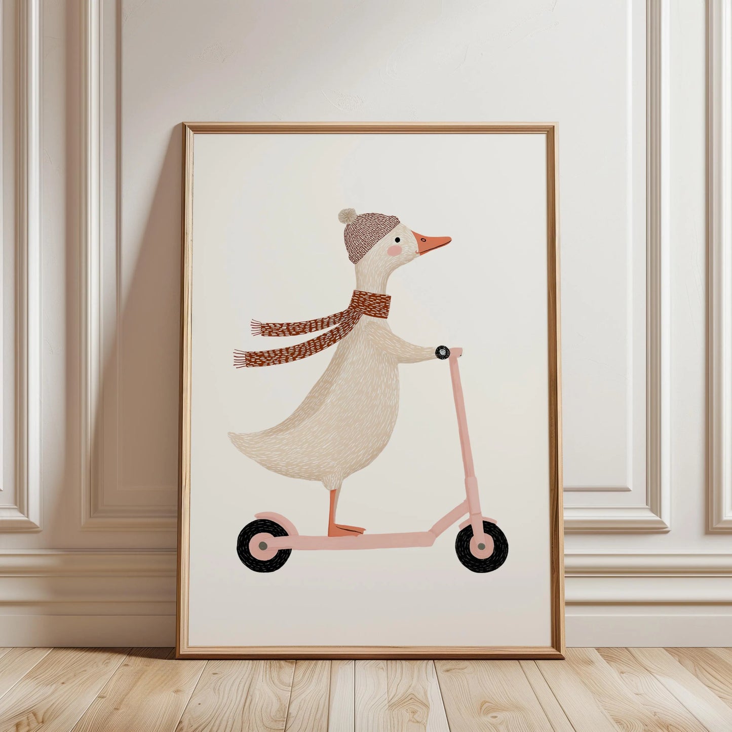 Goose on scooter nursery print, whimsical animal illustration wall art for girl nursery decor. Printable digital download featuring a playful goose design, perfect for baby girl nursery, playroom decor, toddler room, and kids bedroom wall art. Available in multiple sizes for easy home printing, ideal for baby shower gifts and nursery wall decor.