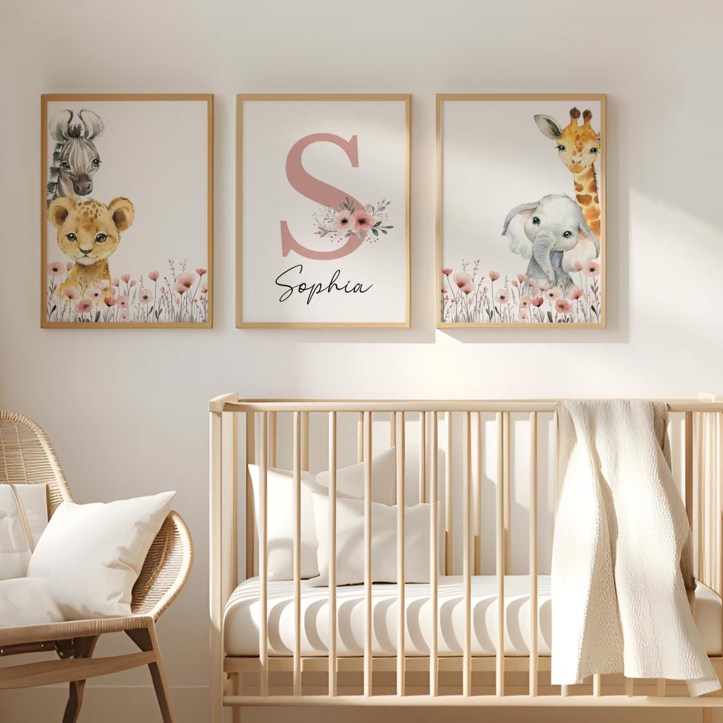 Baby Girl Safari Nursery Wall Art Set of 3 | Custom Name Sign, Wildflowers, lion, giraffe, elephant, zebra (digital download)