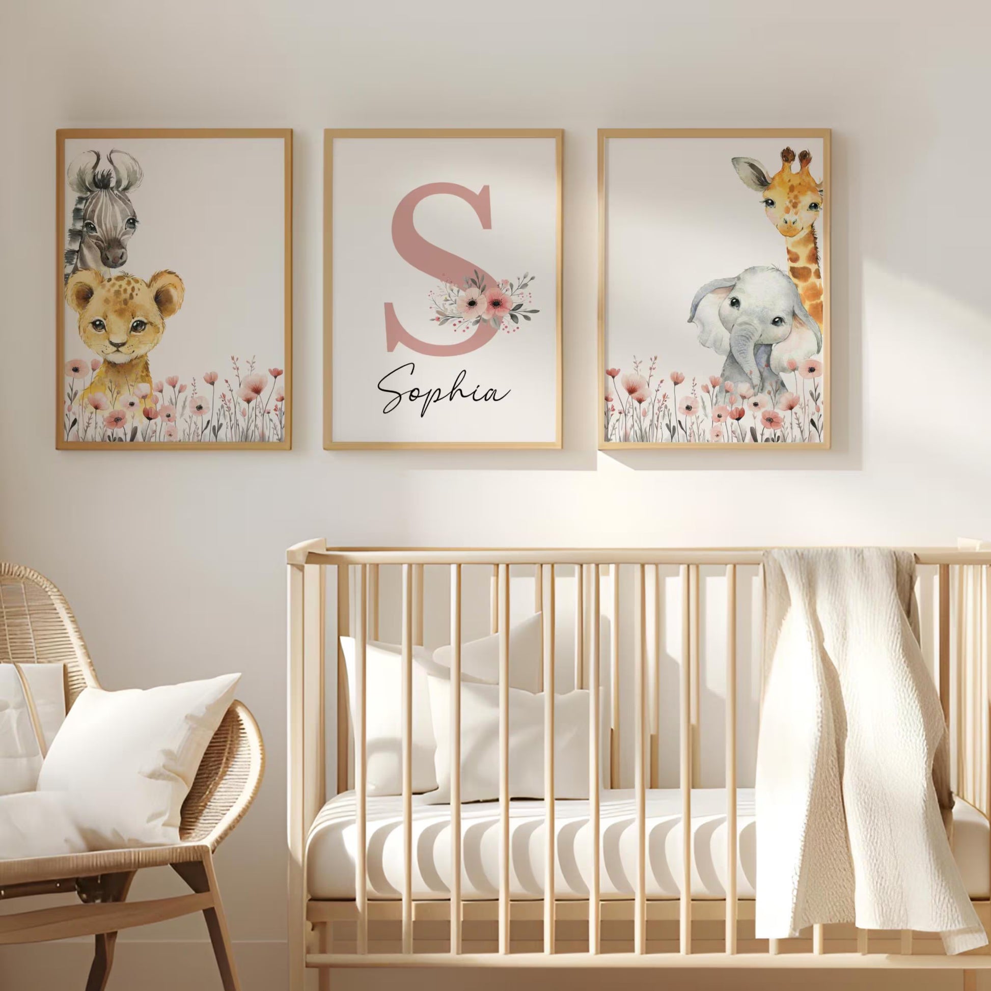 Baby Girl Safari Nursery Wall Art Set of 3 | Custom Name Sign, Wildflowers, lion, giraffe, elephant, zebra (digital download)