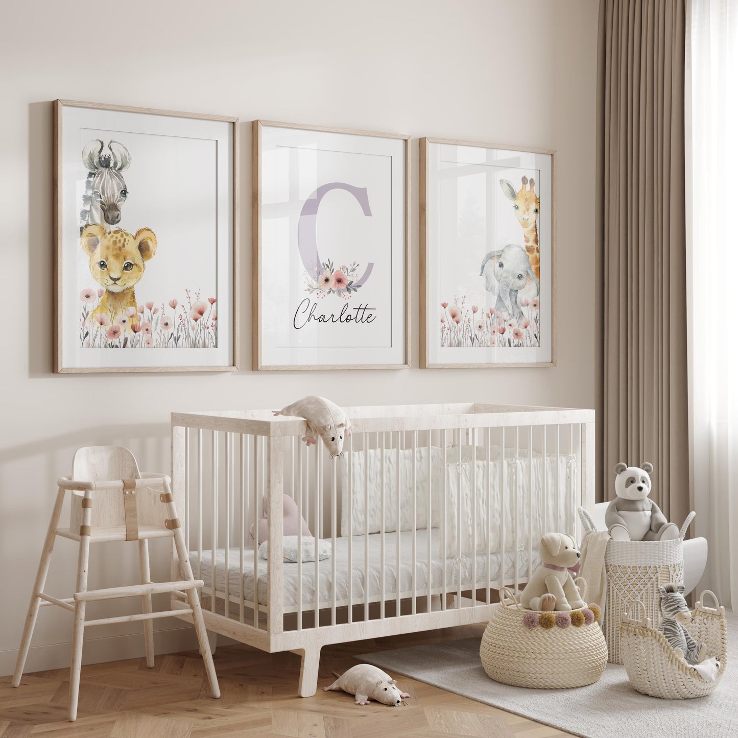 Baby Girl Safari Nursery Wall Art Set of 3 | Custom Name Sign, Wildflowers, lion, giraffe, elephant, zebra (digital download)