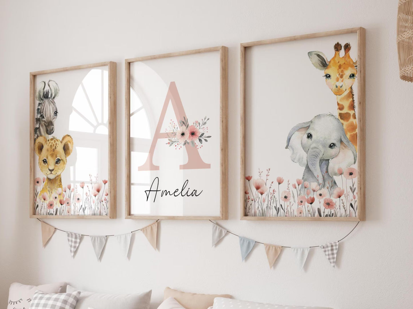 Baby Girl Safari Nursery Wall Art Set of 3 | Custom Name Sign, Wildflowers, lion, giraffe, elephant, zebra (digital download)
