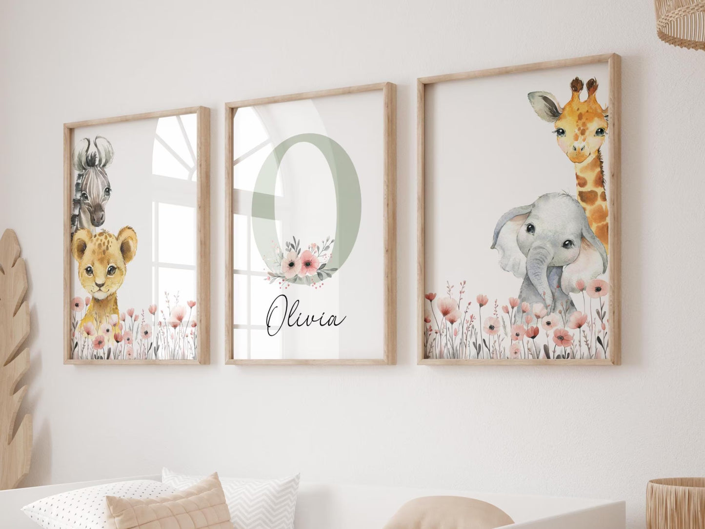 Baby Girl Safari Nursery Wall Art Set of 3 | Custom Name Sign, Wildflowers, lion, giraffe, elephant, zebra (digital download)