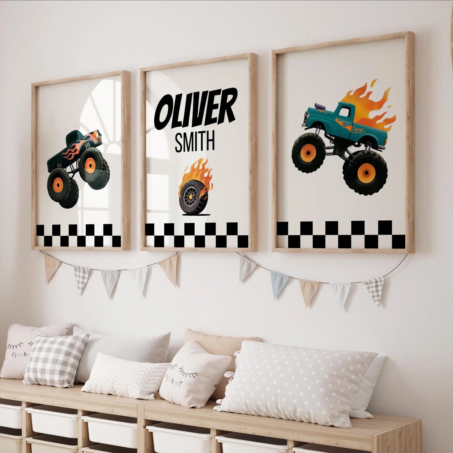 Personalized Monster Truck Hot Wheels Custom Name Nursery Wall Art — Boys Room Prints & Playroom Decor | Monster Jam Boys Nursery Print | Baby Shower Gift | SuArtPrintStudio