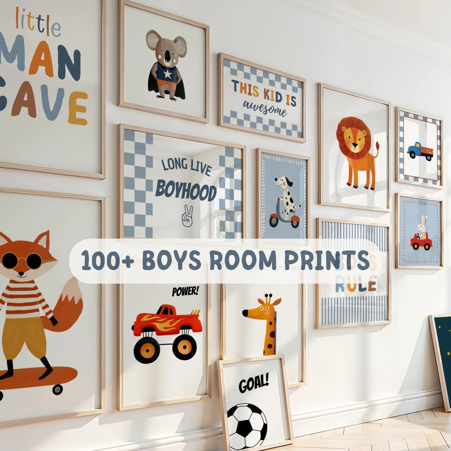 100+ Boys Nursery Wall Art Prints bundle preview – playful animal designs, instant download