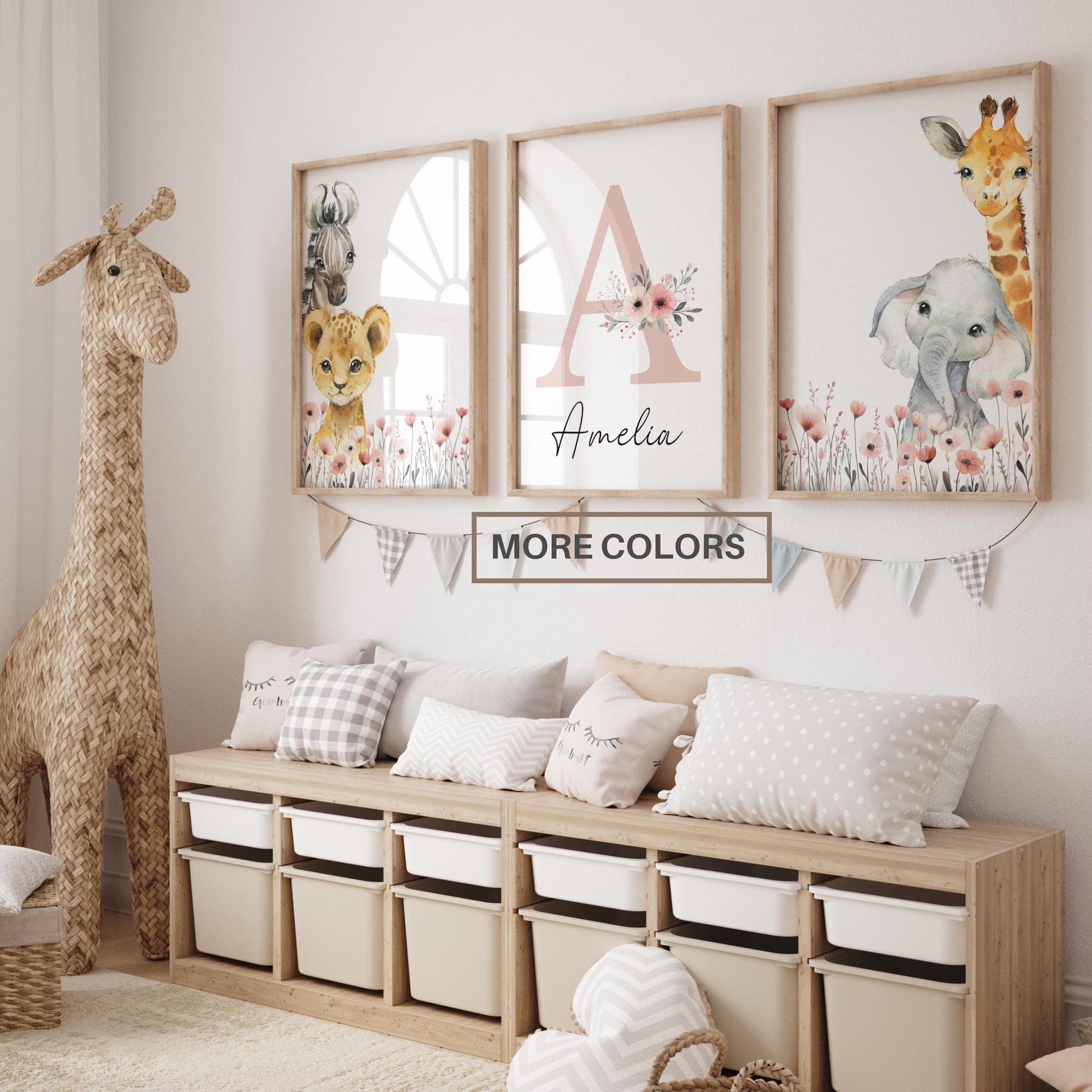 Baby Girl Safari Nursery Wall Art Set of 3 | Custom Name Sign, Wildflowers, lion, giraffe, elephant, zebra (digital download)