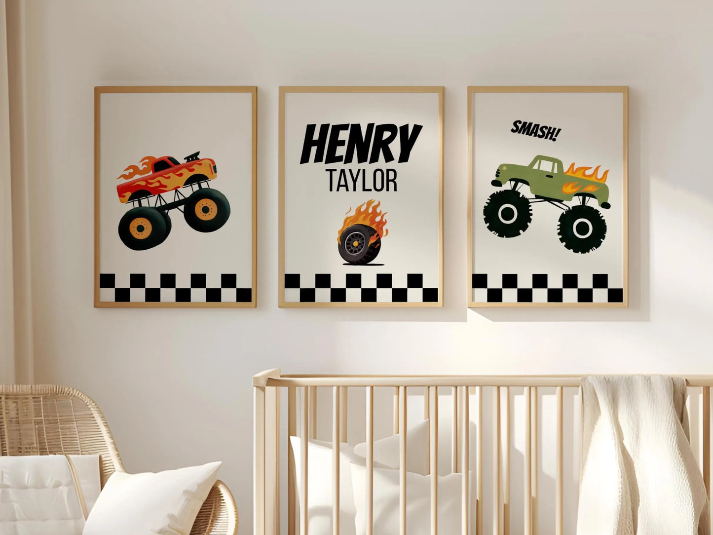 Custom Monster Truck  Boys Nursery Wall Art Prints Set of 3, Name Sign Monster Jam boys room & Playroom decor. Perfect baby shower gift, nursery decor. Digital download, printable Art