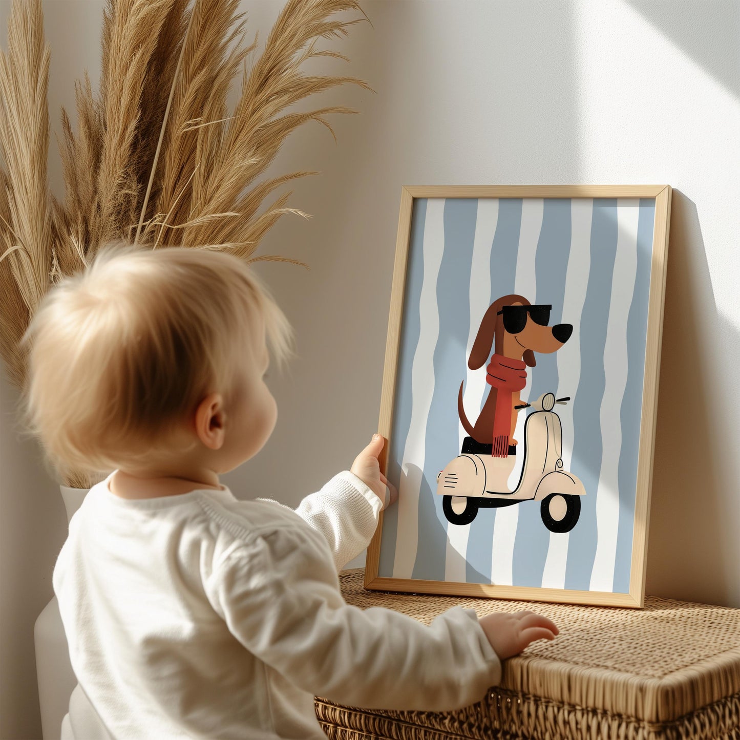 Whimsical Dachshund Nursery Wall Art | Boys Room Decor | Vespa Dog Print | Blue Stripes | Digital Download