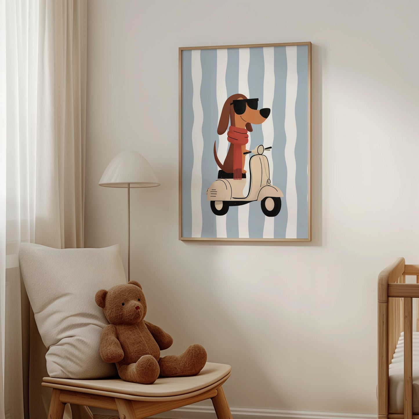 Whimsical Dachshund Nursery Wall Art | Boys Room Decor | Vespa Dog Print | Blue Stripes | Digital Download