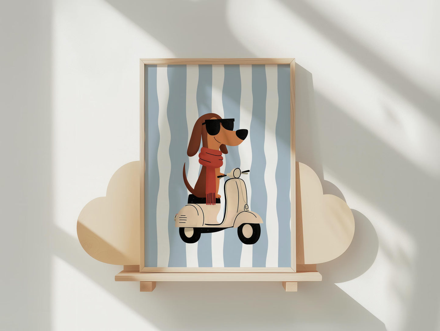 Whimsical Dachshund Nursery Wall Art | Boys Room Decor | Vespa Dog Print | Blue Stripes | Digital Download
